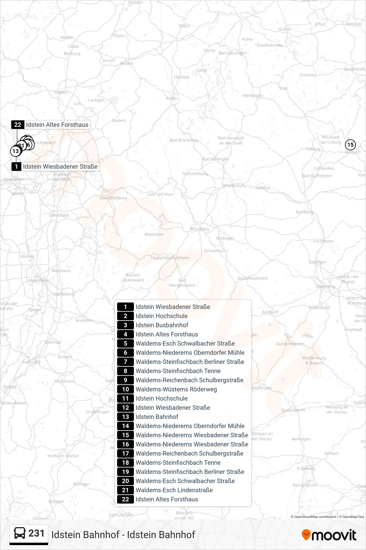 231 bus Line (Idstein Bahnhof) route and stops on a map