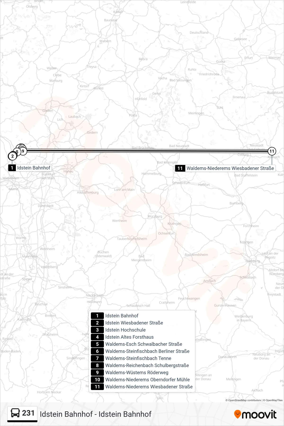 231 bus Line (Waldems-Niederems Wiesbadener Straße) route and stops on a map