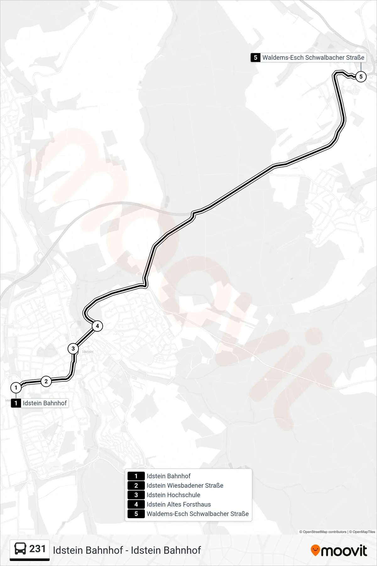 231 bus Line (Waldems-Esch Schwalbacher Straße) route and stops on a map