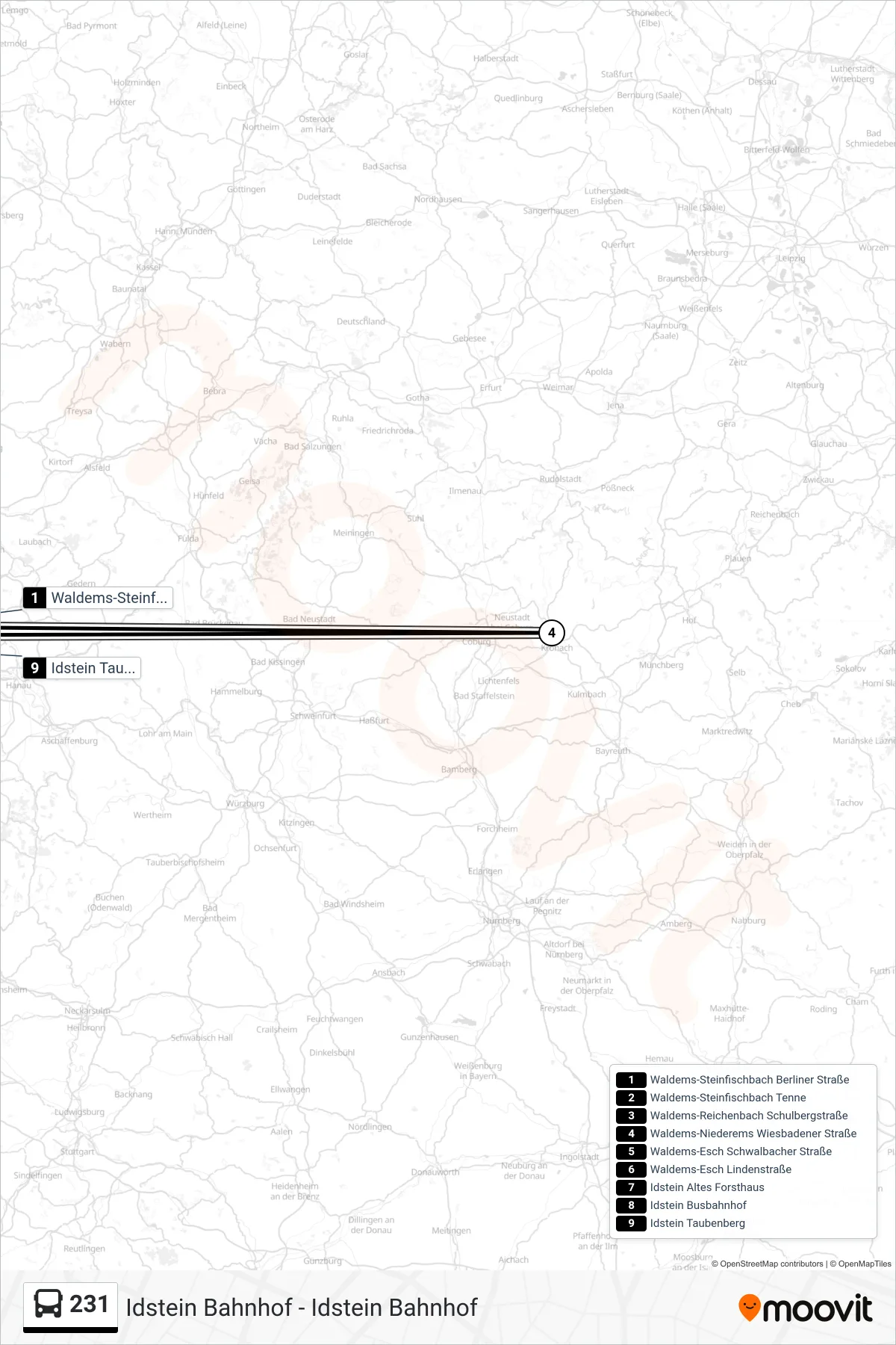231 bus Line (Idstein Taubenberg) route and stops on a map