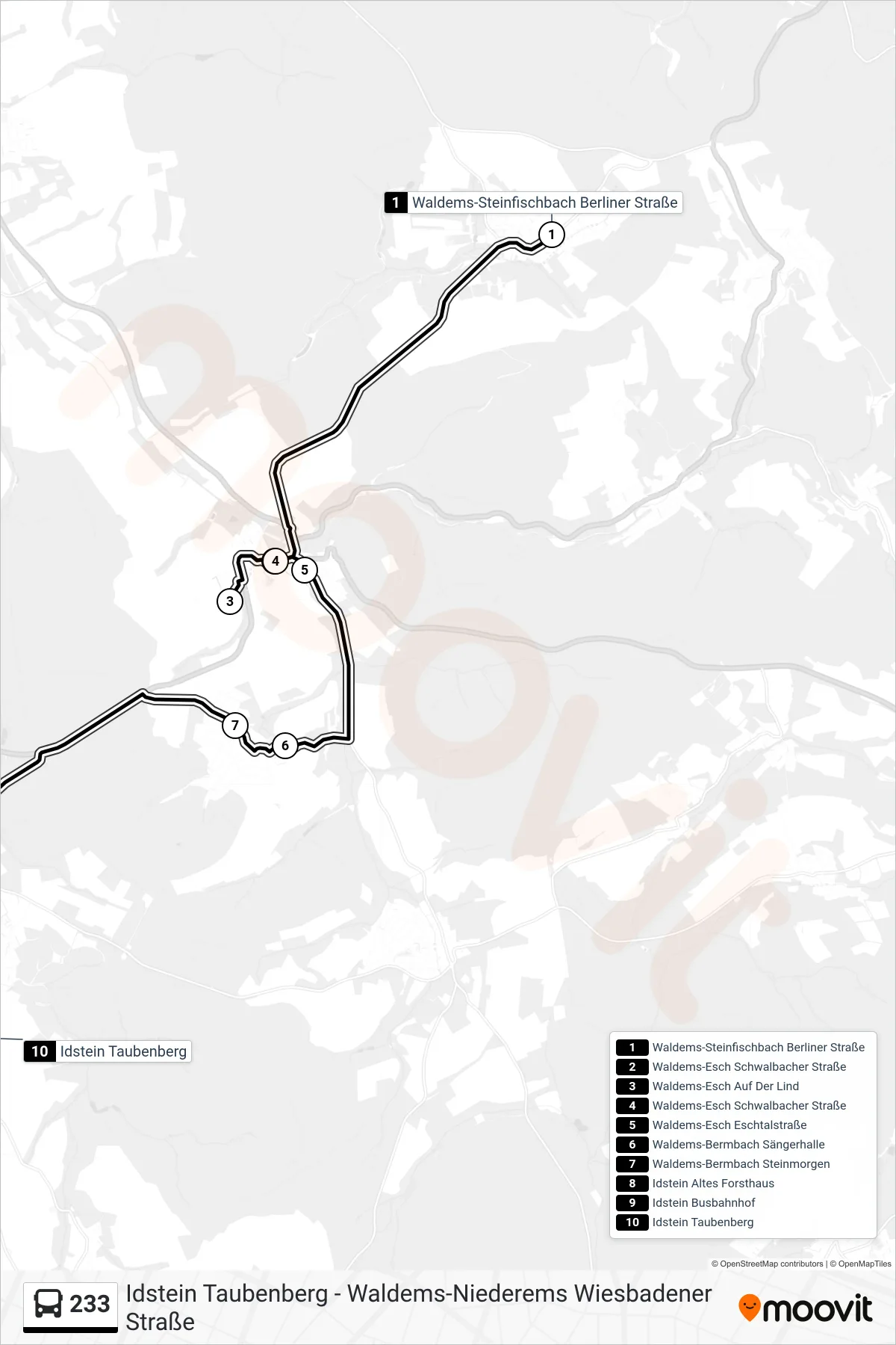 233 bus Line (Idstein Taubenberg) route and stops on a map