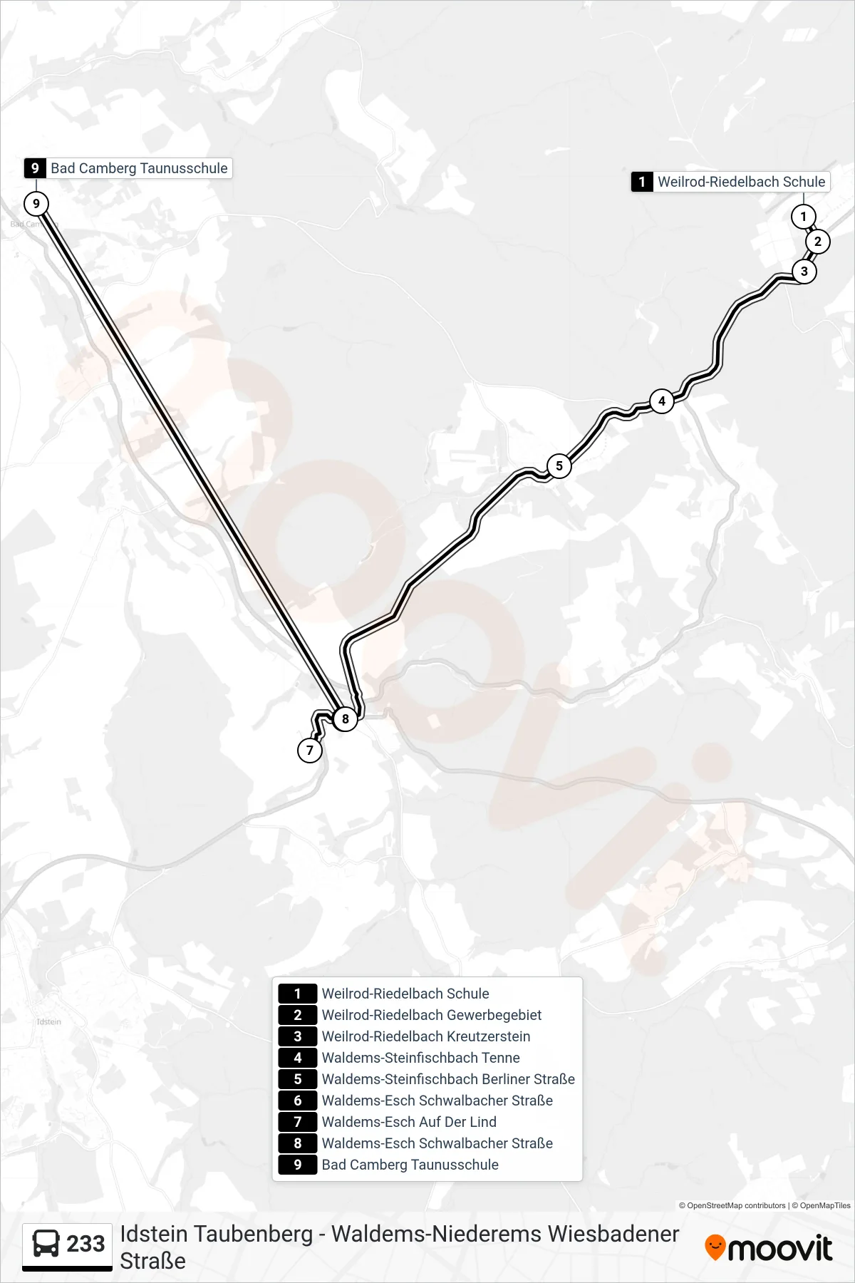 233 bus Line (Bad Camberg Taunusschule) route and stops on a map