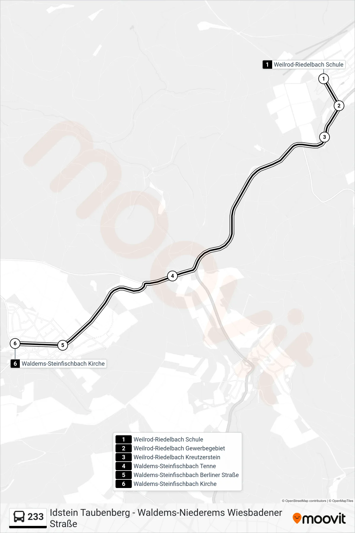 233 bus Line (Waldems-Steinfischbach Kirche) route and stops on a map