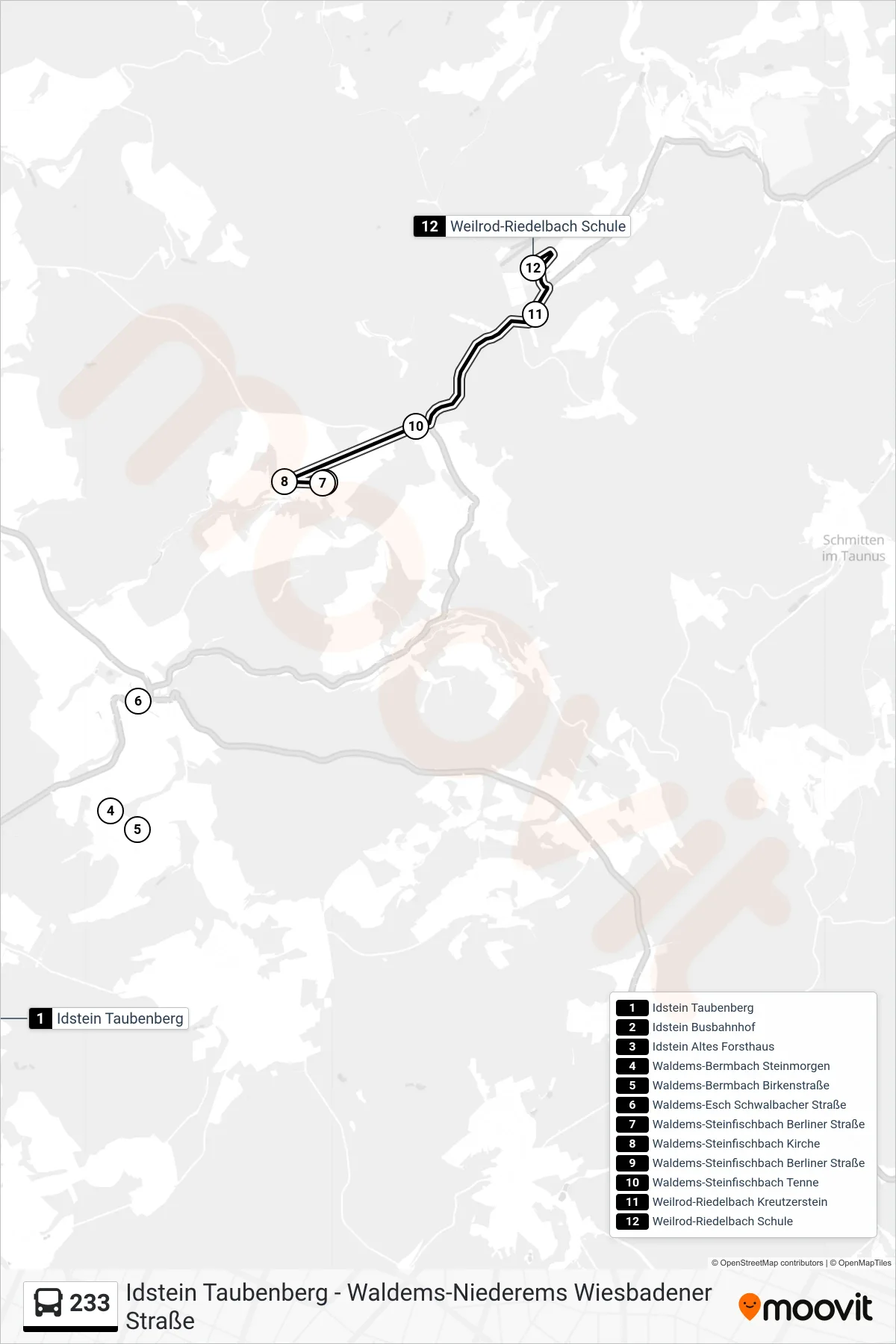 233 bus Line (Weilrod-Riedelbach Schule) route and stops on a map