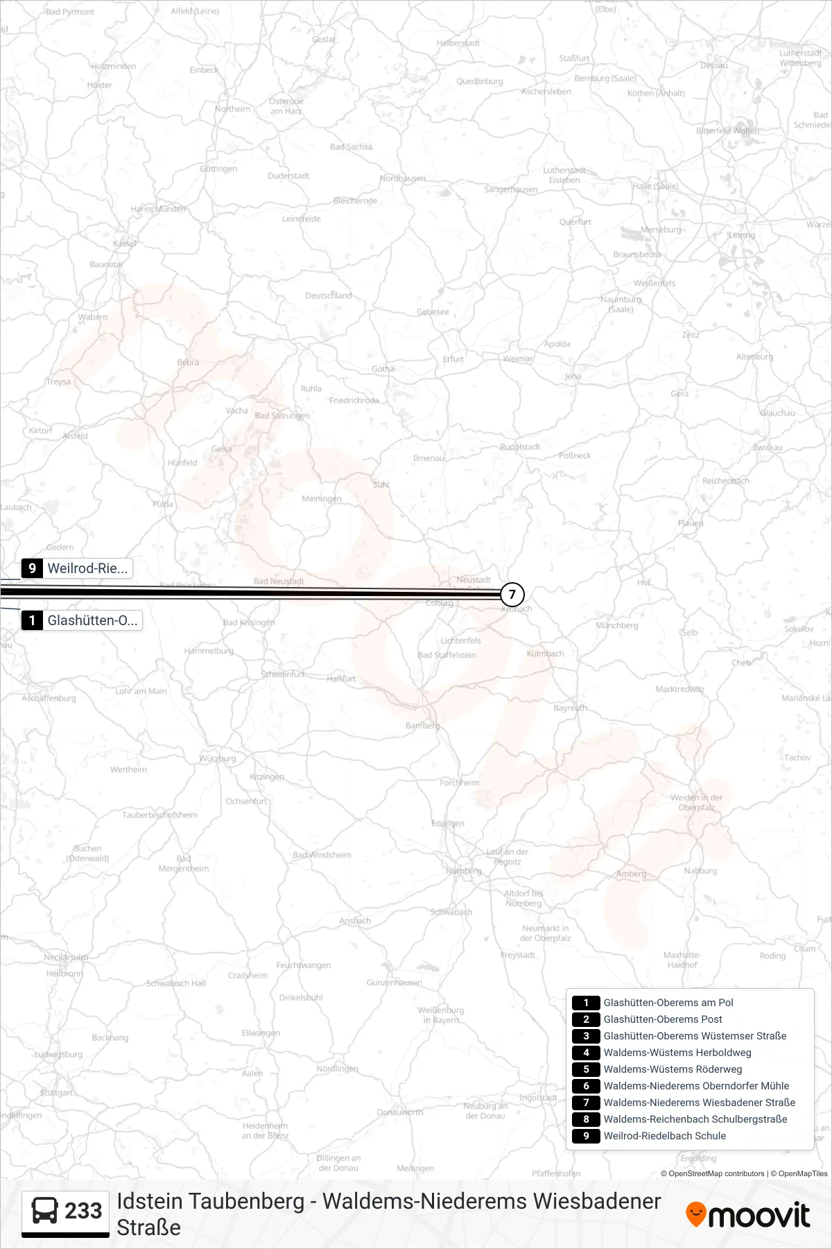 233 bus Line (Weilrod-Riedelbach Schule) route and stops on a map