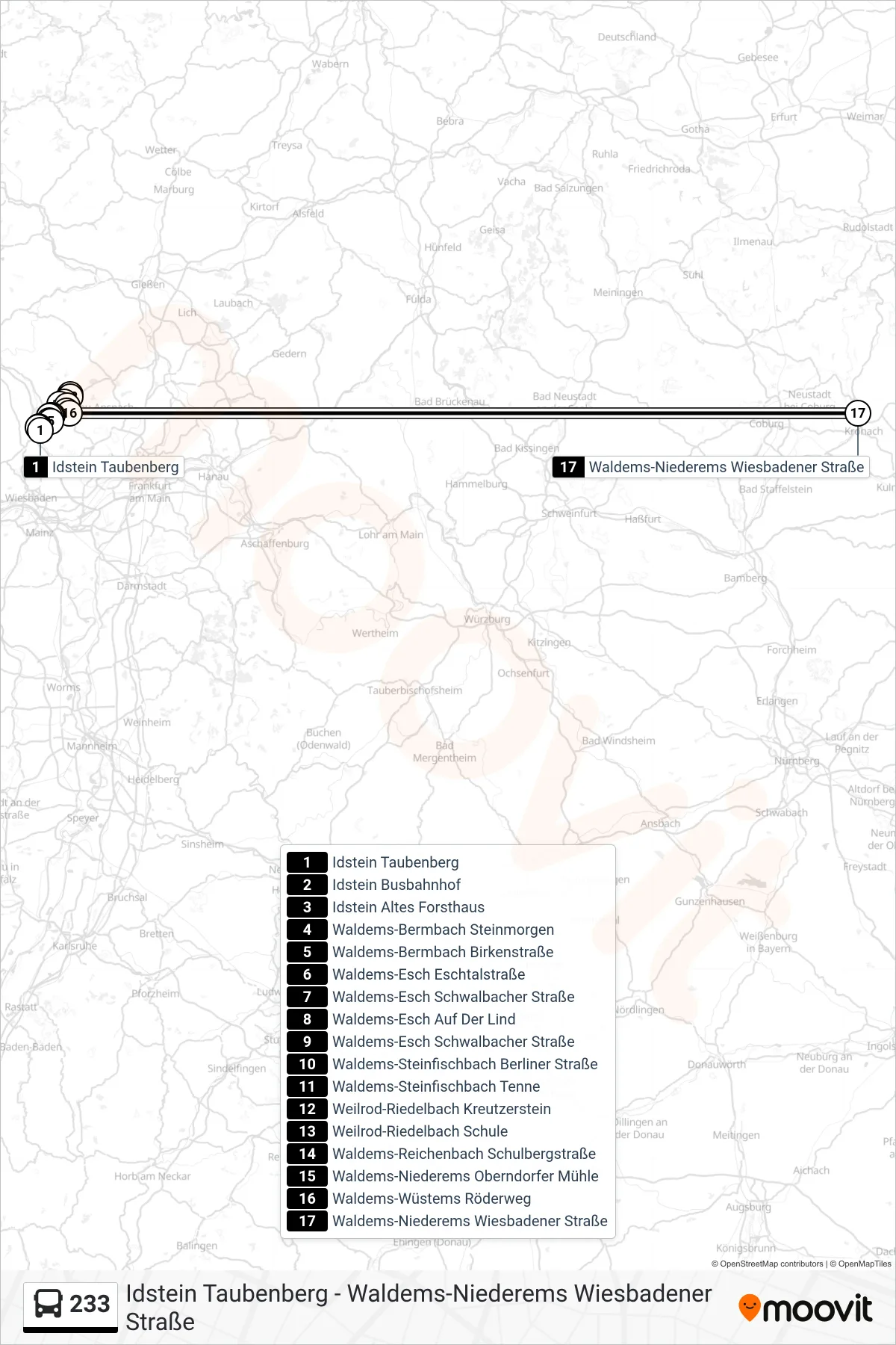 233 bus Line (Waldems-Niederems Wiesbadener Straße) route and stops on a map