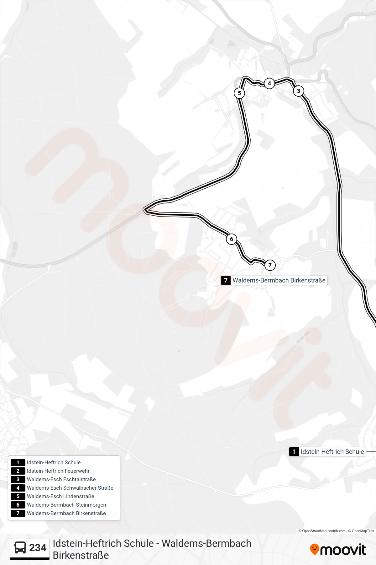 234 bus Line (Waldems-Bermbach Birkenstraße) route and stops on a map