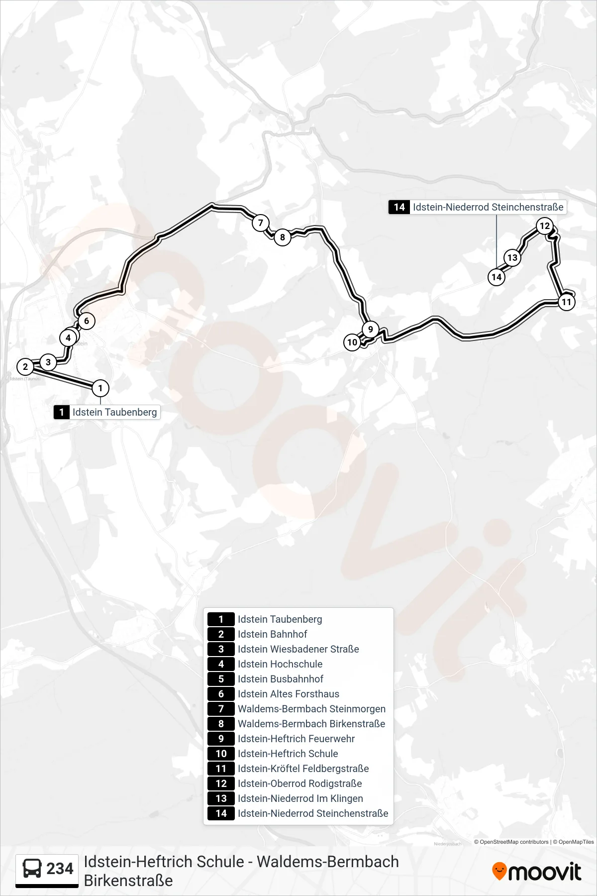 234 bus Line (Idstein-Niederrod Steinchenstraße) route and stops on a map