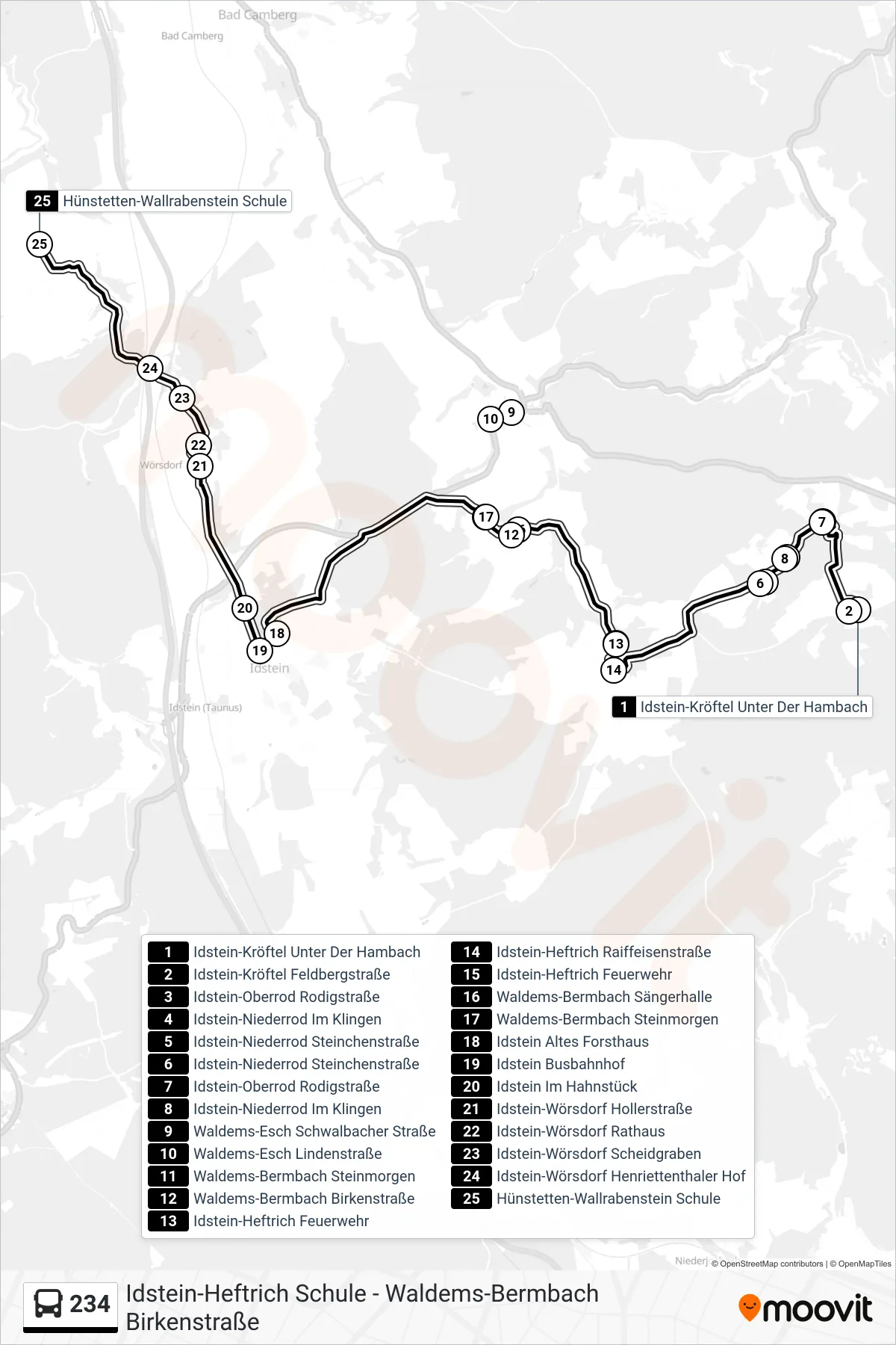 234 bus Line (Hünstetten-Wallrabenstein Schule) route and stops on a map