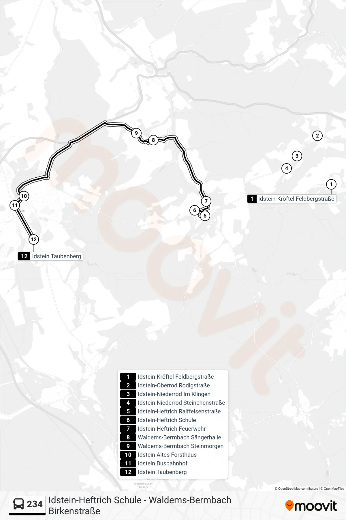 234 bus Line (Idstein Taubenberg) route and stops on a map
