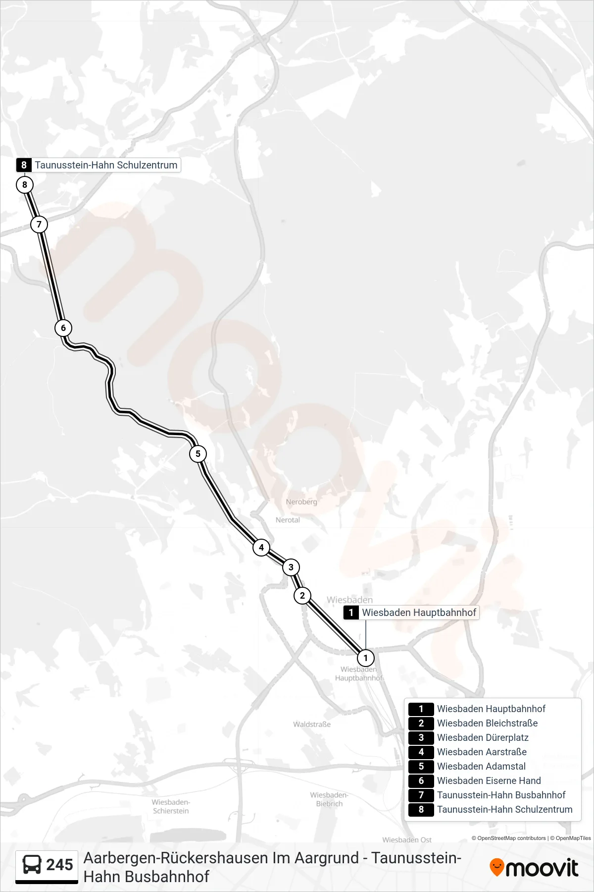 245 bus Line (Taunusstein-Hahn Schulzentrum) route and stops on a map