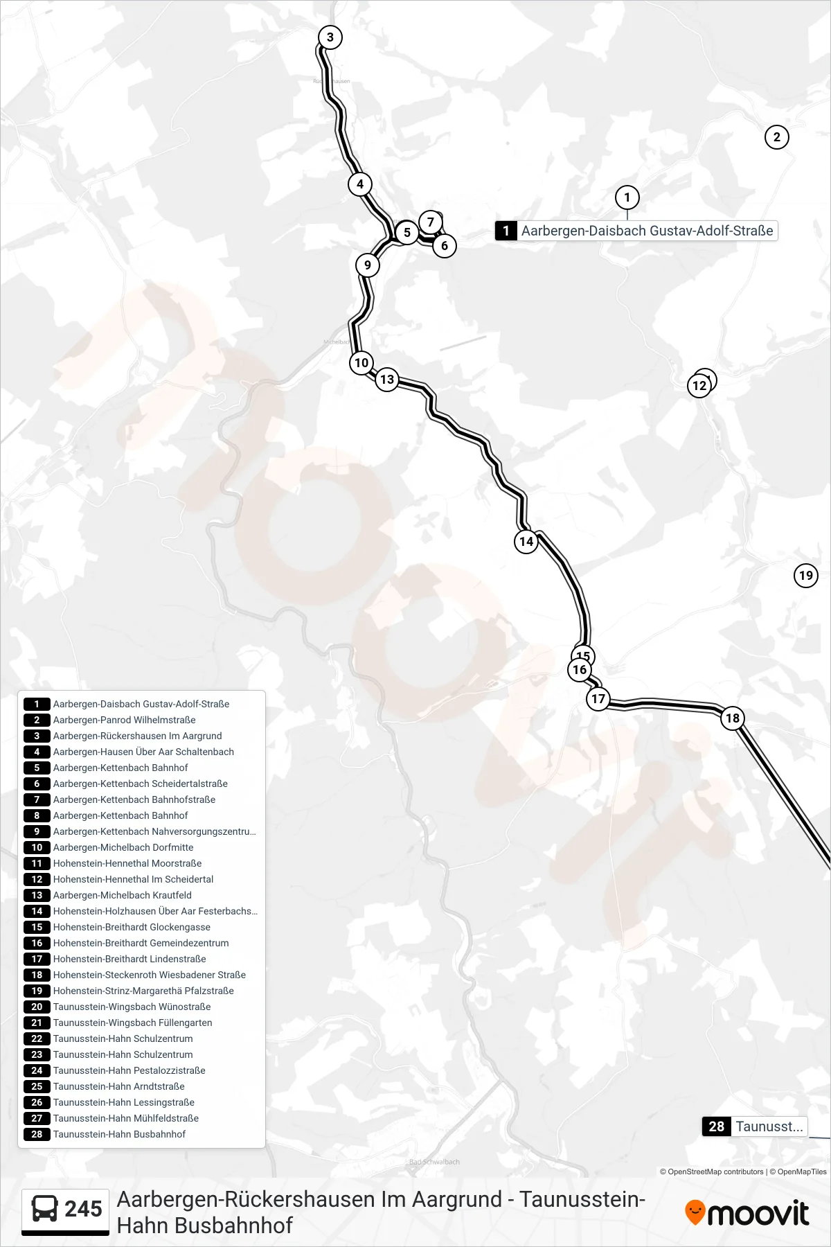 245 bus Line (Taunusstein-Hahn Busbahnhof) route and stops on a map