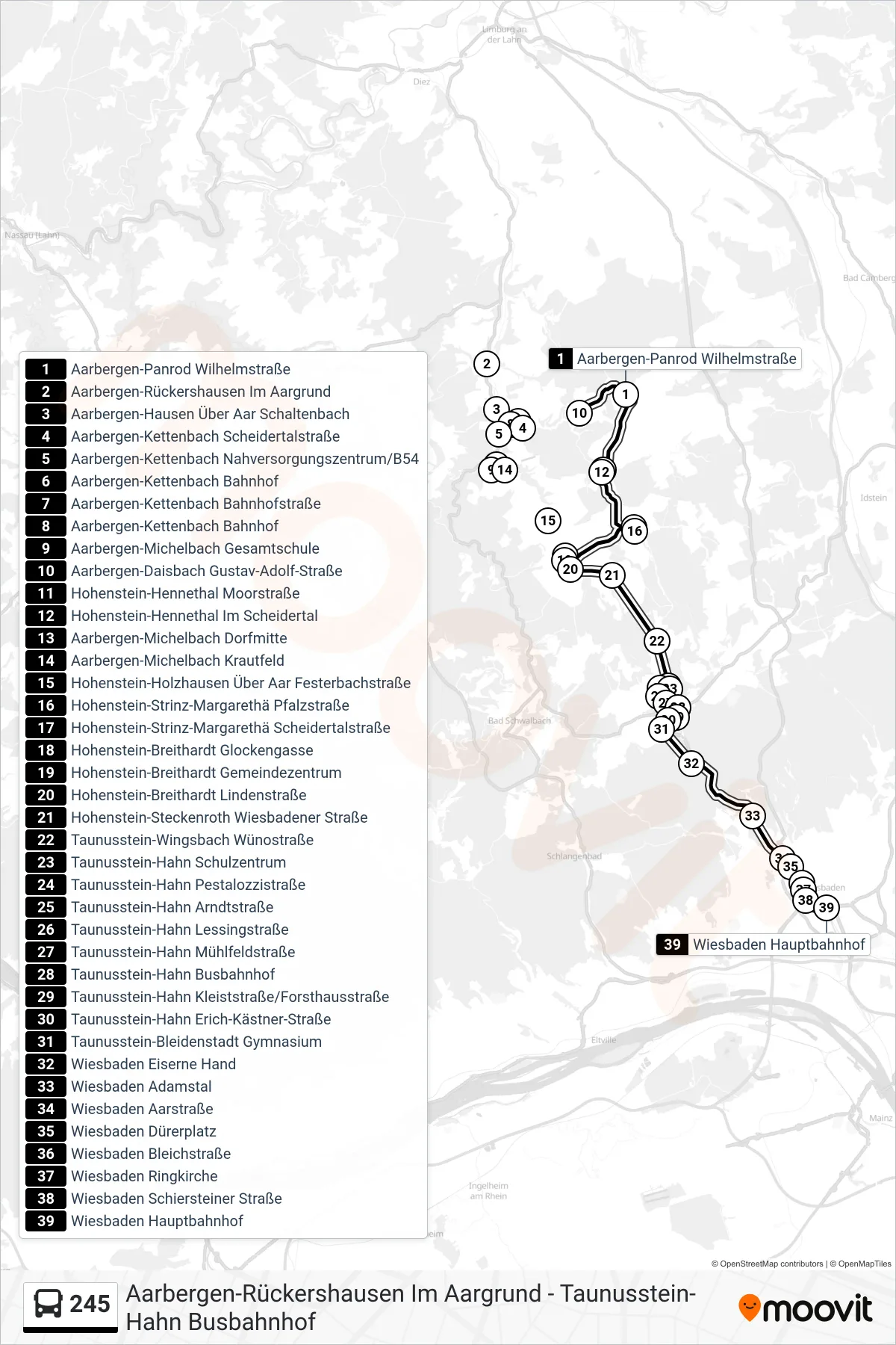 245 bus Line (Wiesbaden Hauptbahnhof) route and stops on a map