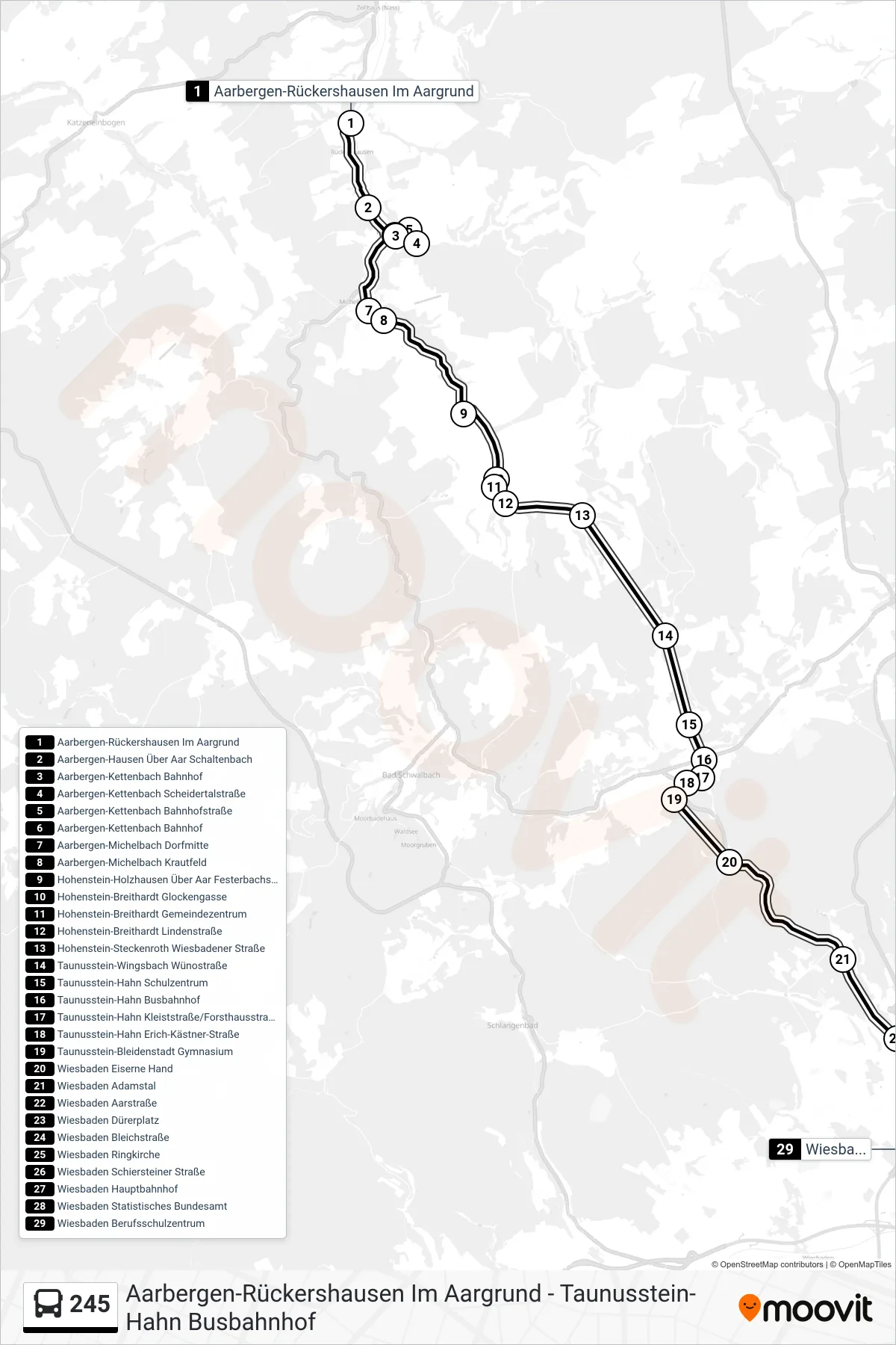 245 bus Line (Wiesbaden Berufsschulzentrum) route and stops on a map