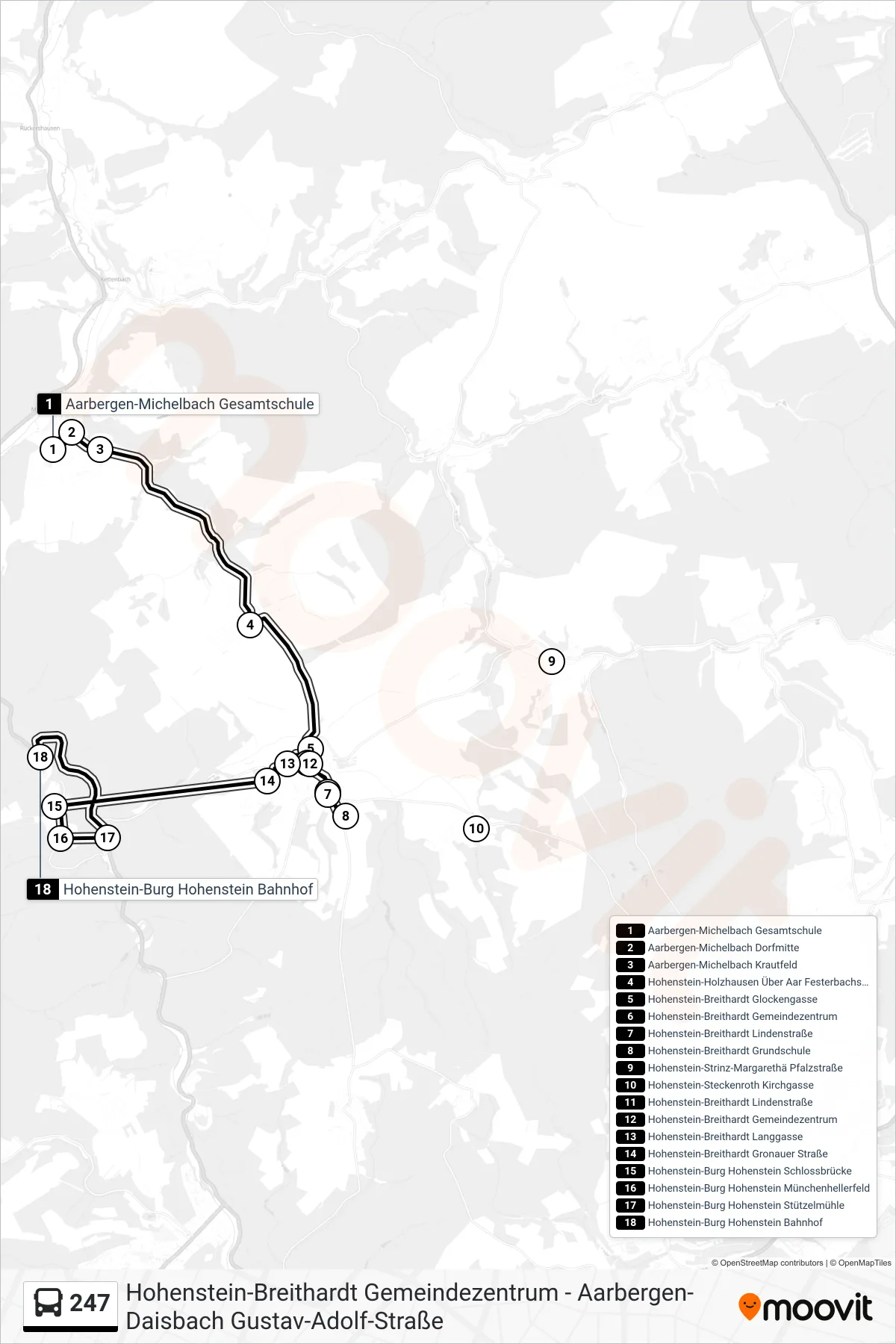 247 bus Line (Hohenstein-Burg Hohenstein Bahnhof) route and stops on a map