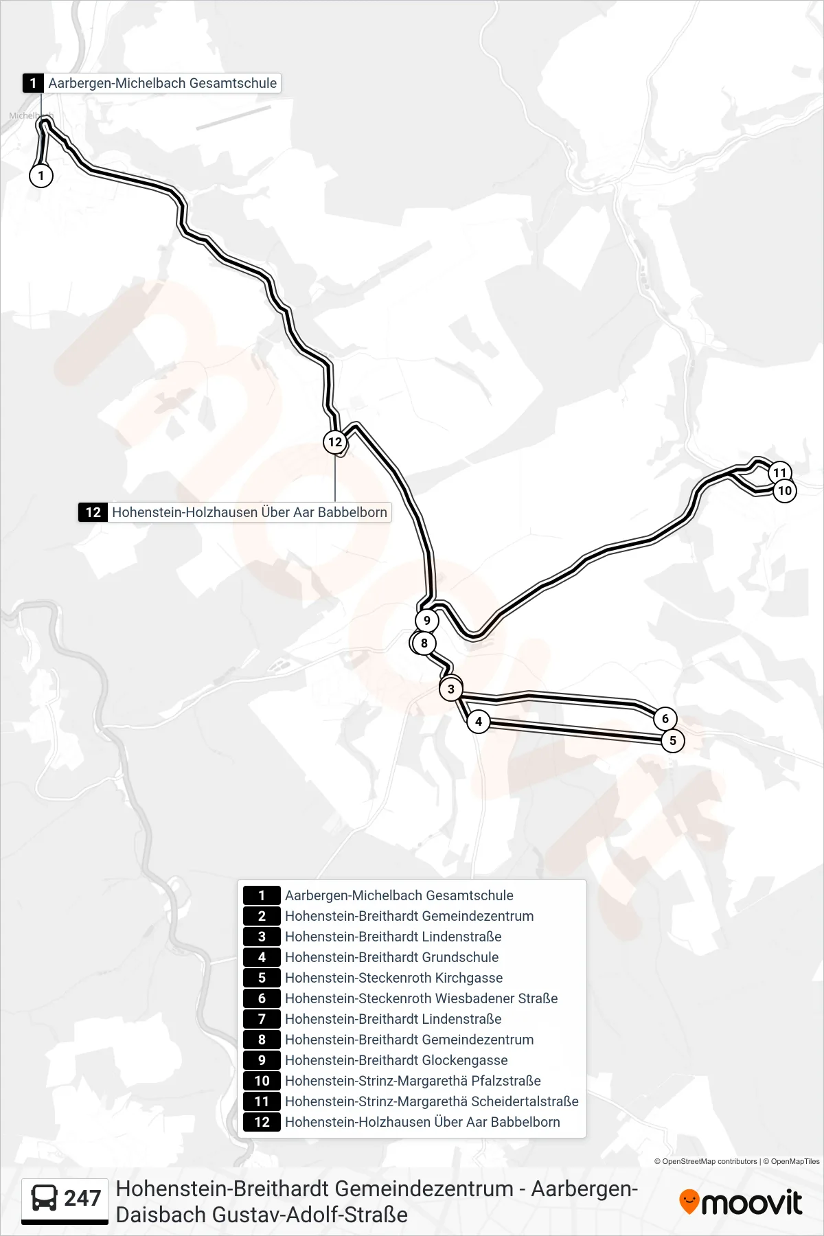 247 bus Line (Hohenstein-Holzhausen Über Aar Babbelborn) route and stops on a map