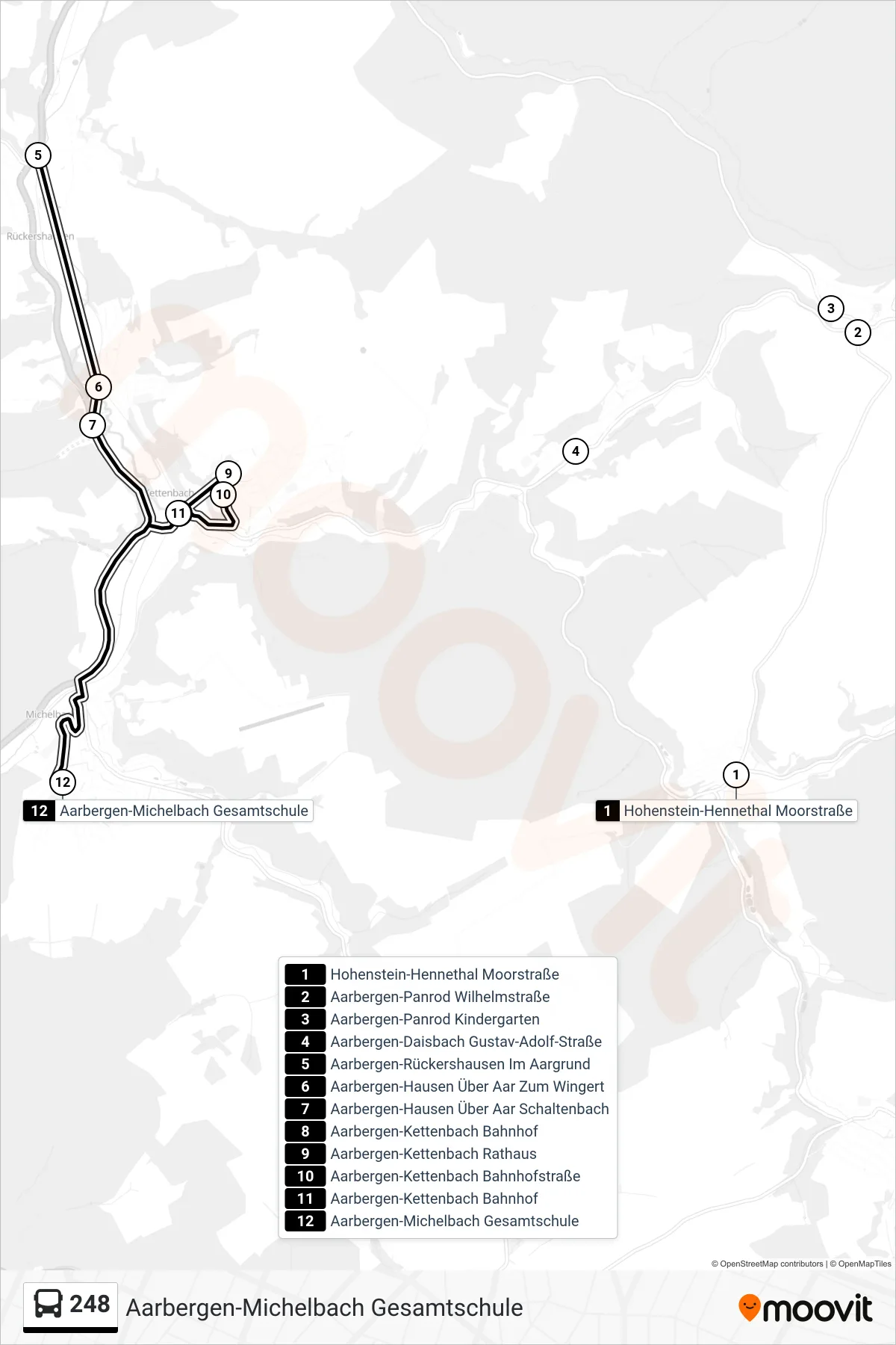 248 bus Line (Aarbergen-Michelbach Gesamtschule) route and stops on a map