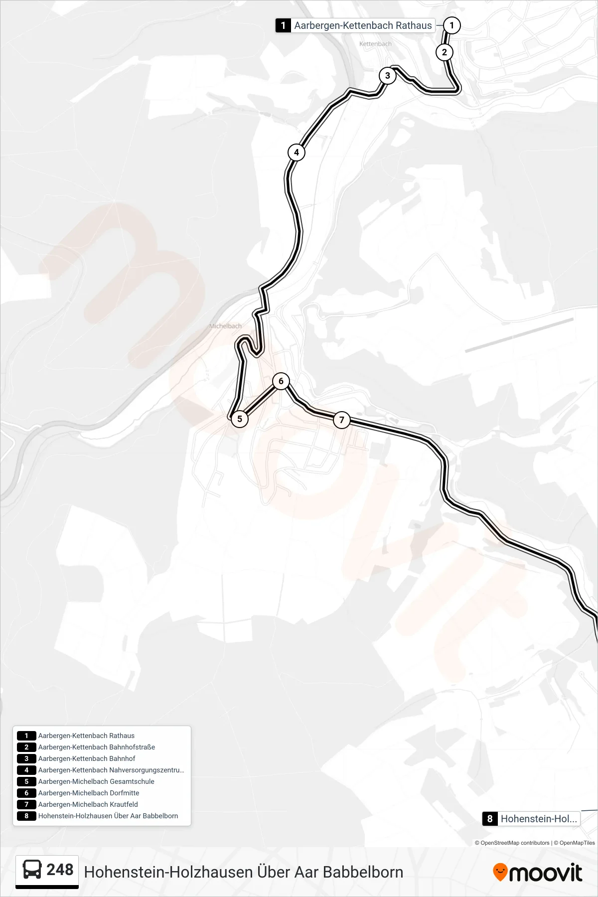 248 bus Line (Hohenstein-Holzhausen Über Aar Babbelborn) route and stops on a map