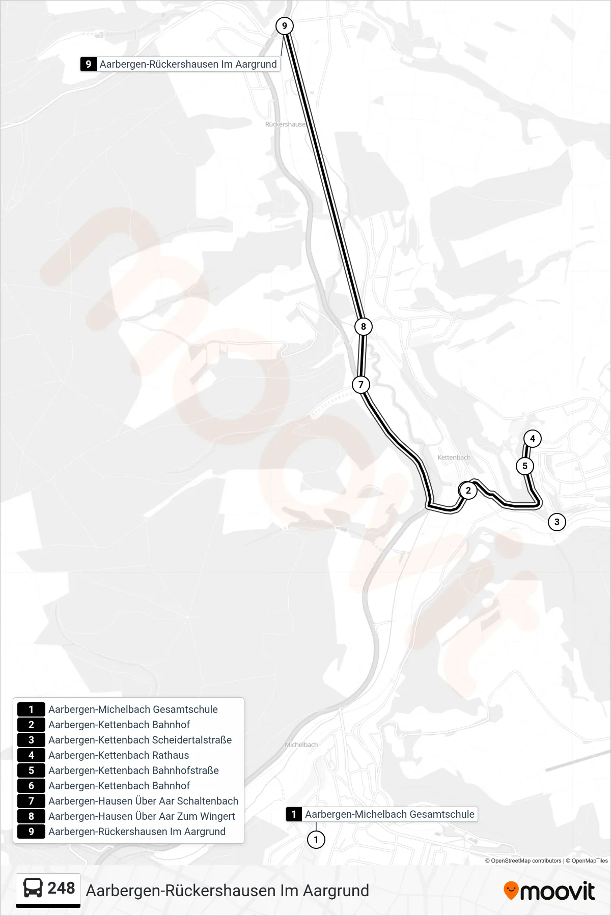 248 bus Line (Aarbergen-Rückershausen Im Aargrund) route and stops on a map
