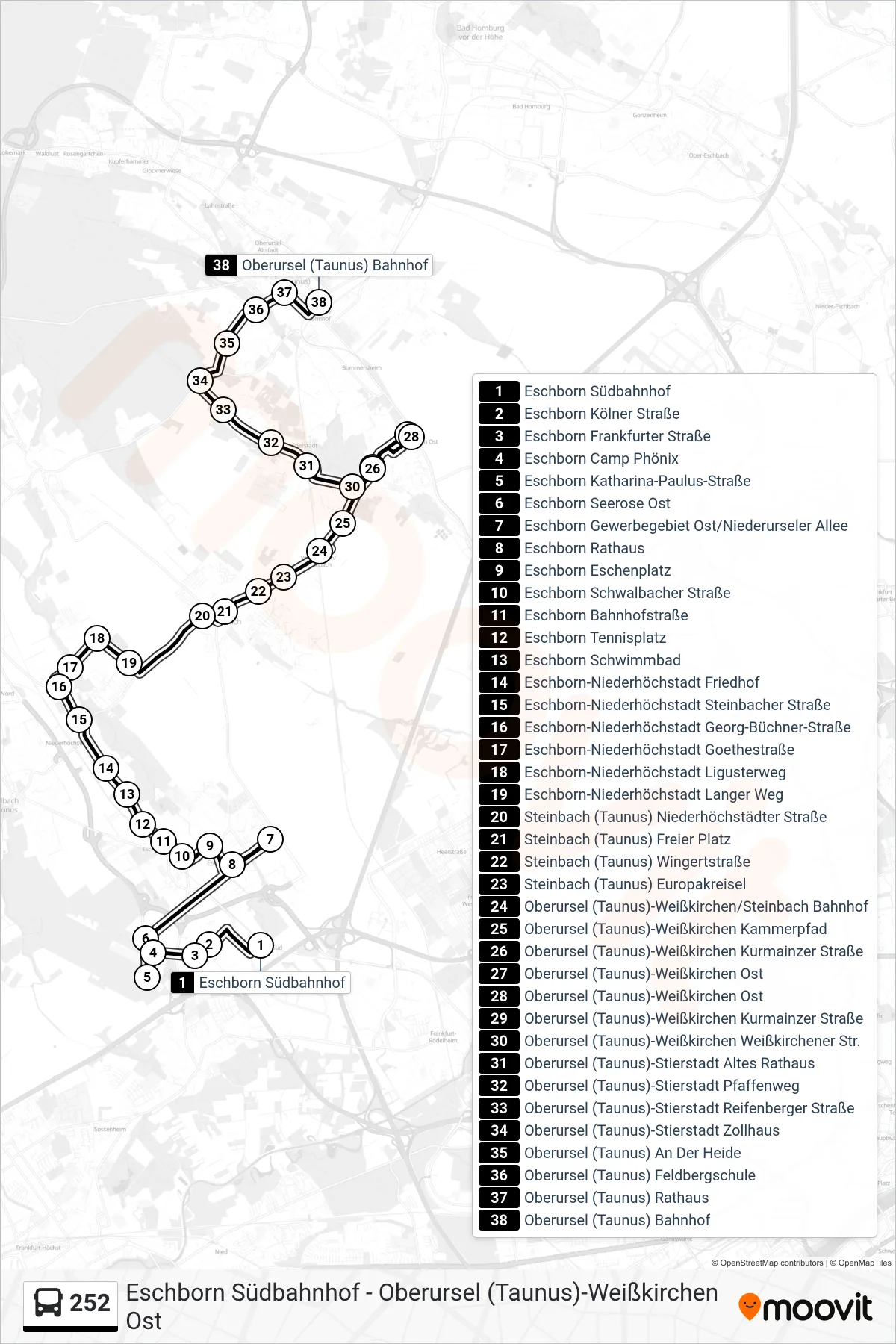 252 bus Line (Oberursel (Taunus) Bahnhof) route and stops on a map