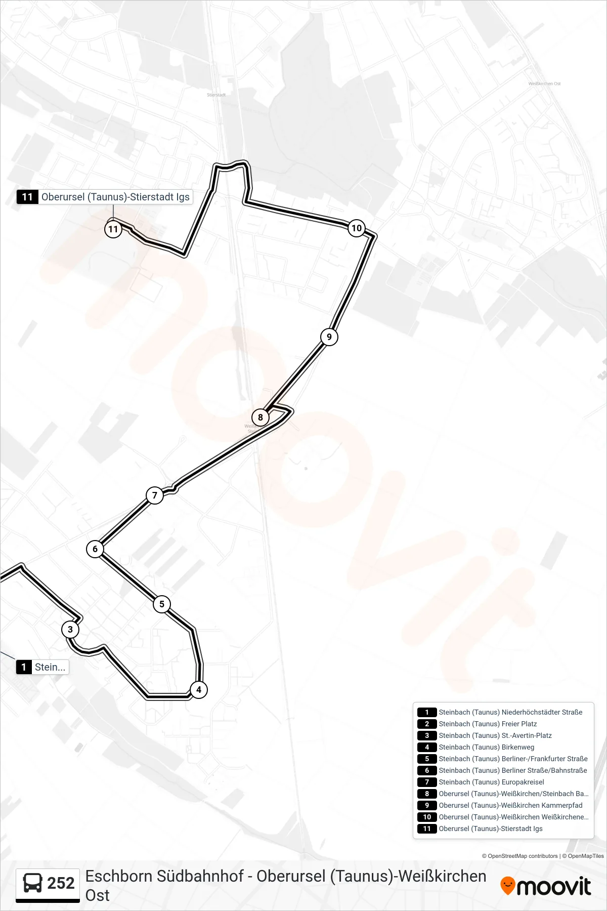 Linie 252 (Bus) Richtung Oberursel (Taunus)-Stierstadt Igs: Route und Haltestellen auf der Karte