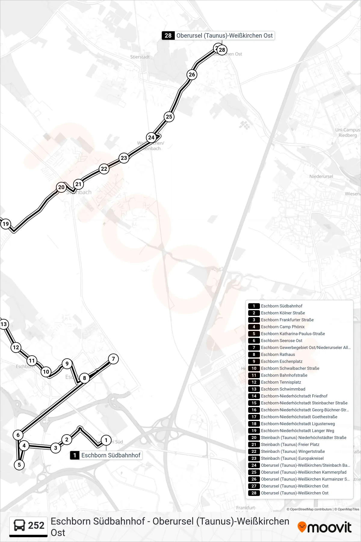 Linie 252 (Bus) Richtung Oberursel (Taunus)-Weißkirchen Ost: Route und Haltestellen auf der Karte