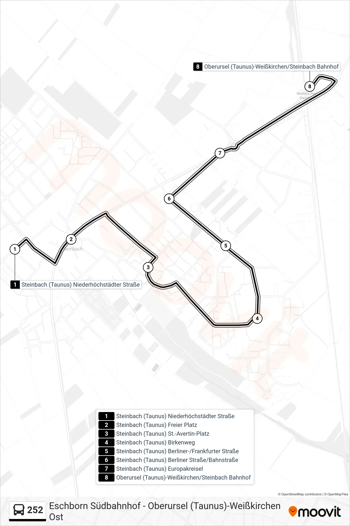 Linie 252 (Bus) Richtung Oberursel (Taunus)-Weißkirchen/Steinbach Bahnhof: Route und Haltestellen auf der Karte