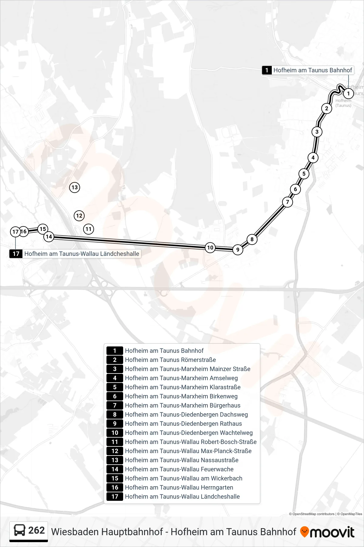 262 bus Line (Hofheim am Taunus-Wallau Ländcheshalle) route and stops on a map