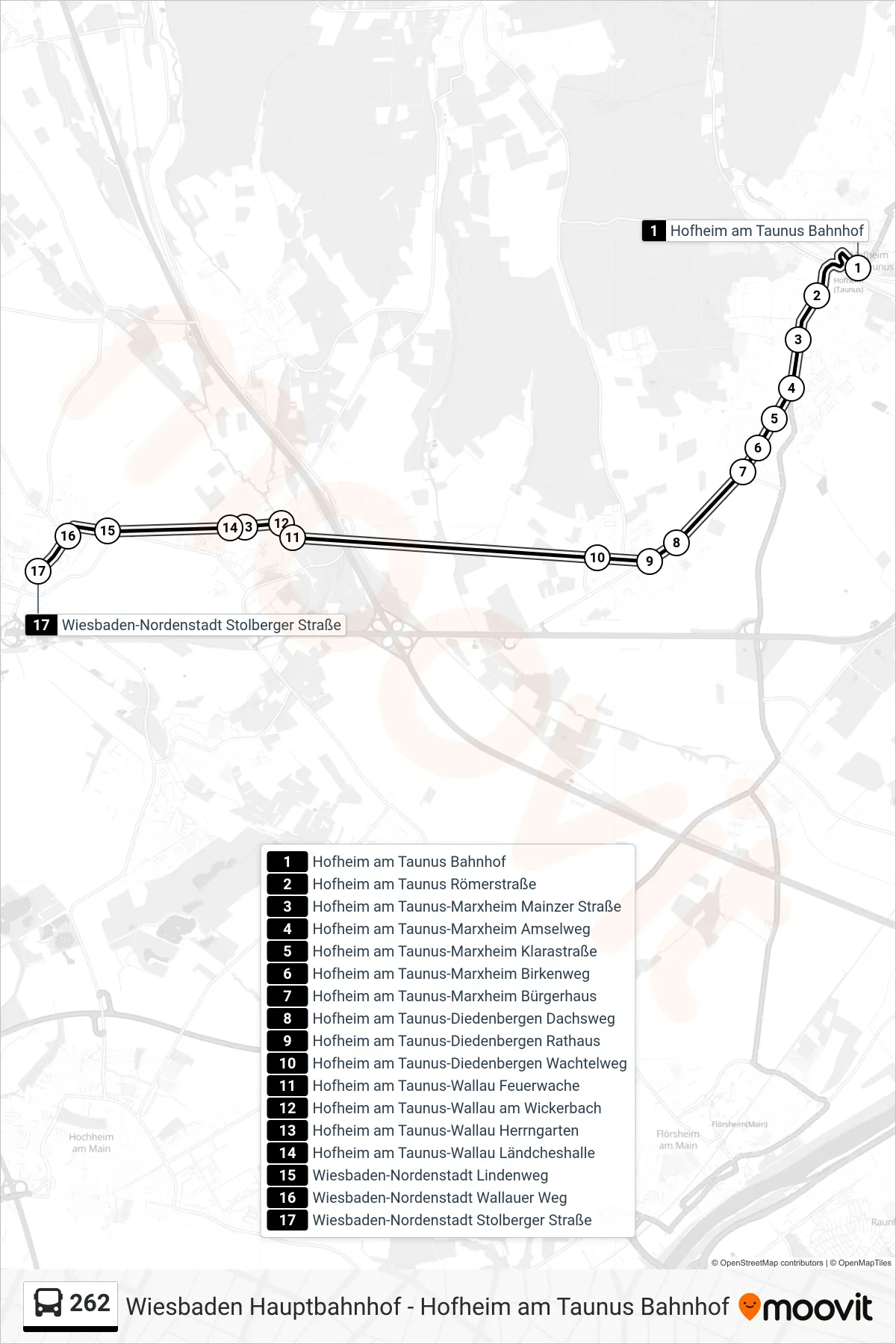262 bus Line (Wiesbaden-Nordenstadt Stolberger Straße) route and stops on a map
