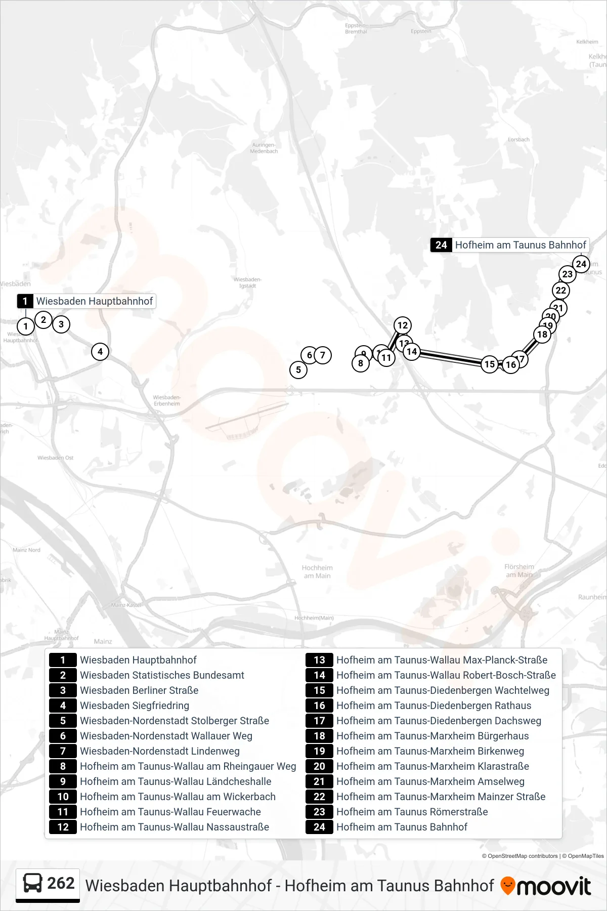 262 bus Line (Hofheim am Taunus Bahnhof) route and stops on a map
