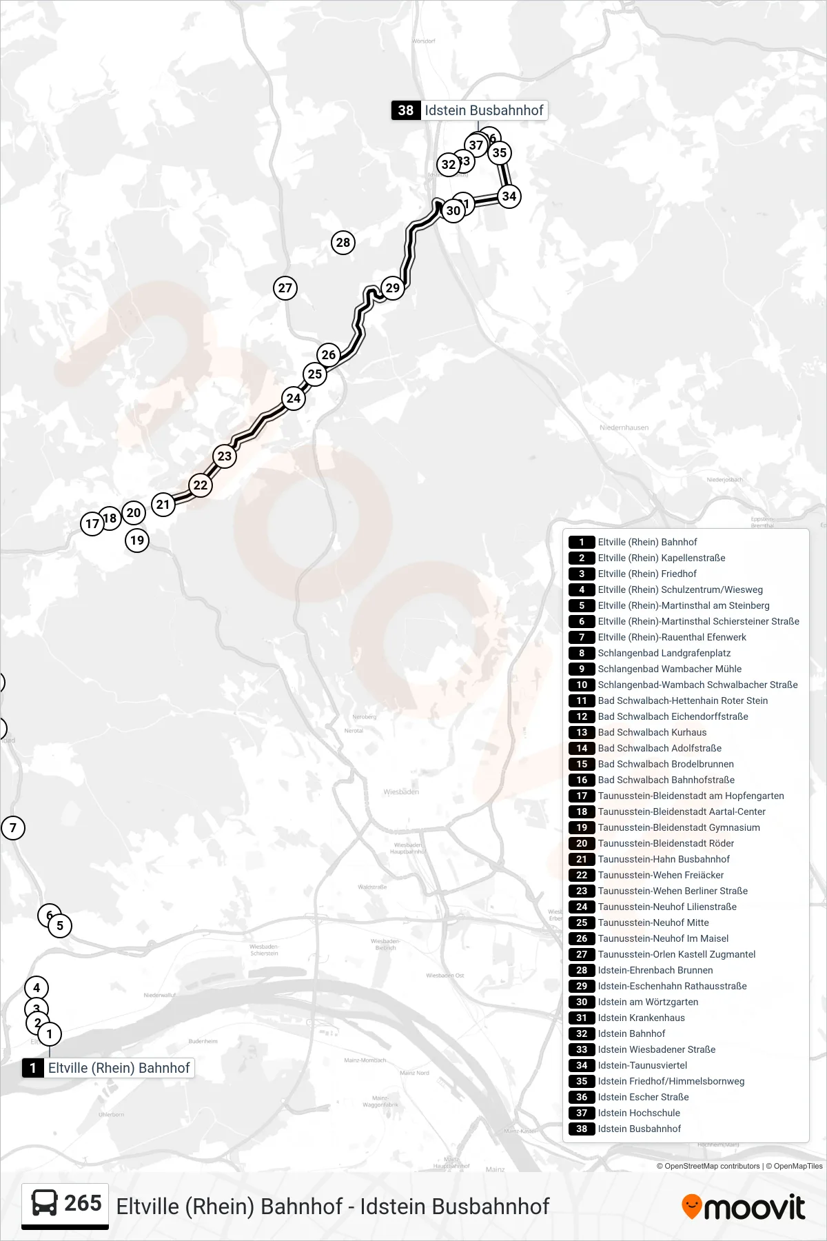 Linie 265 (Bus) Richtung Idstein Busbahnhof: Route und Haltestellen auf der Karte