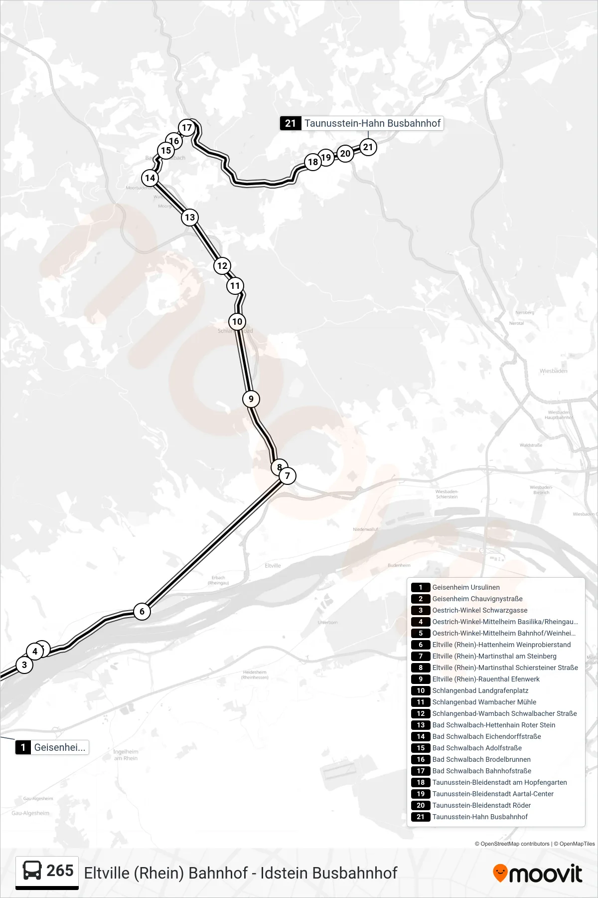 265 bus Line (Taunusstein-Hahn Busbahnhof) route and stops on a map