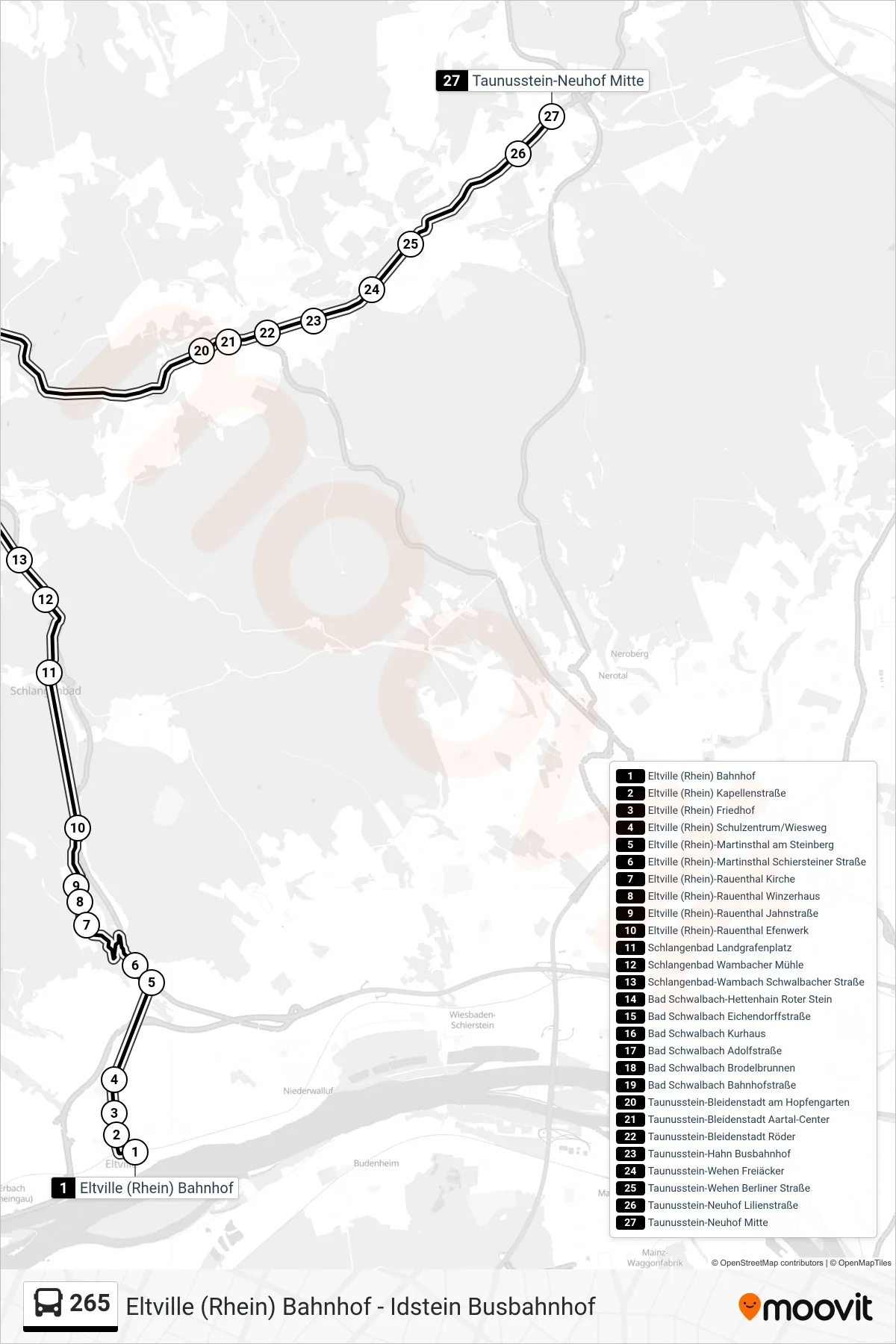 265 bus Line (Taunusstein-Neuhof Mitte) route and stops on a map