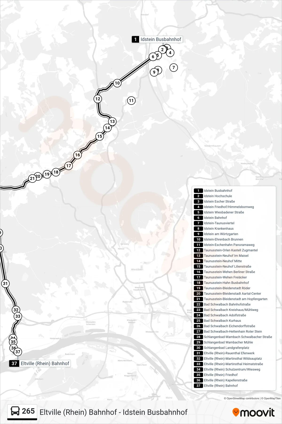 265 bus Line (Eltville (Rhein) Bahnhof) route and stops on a map