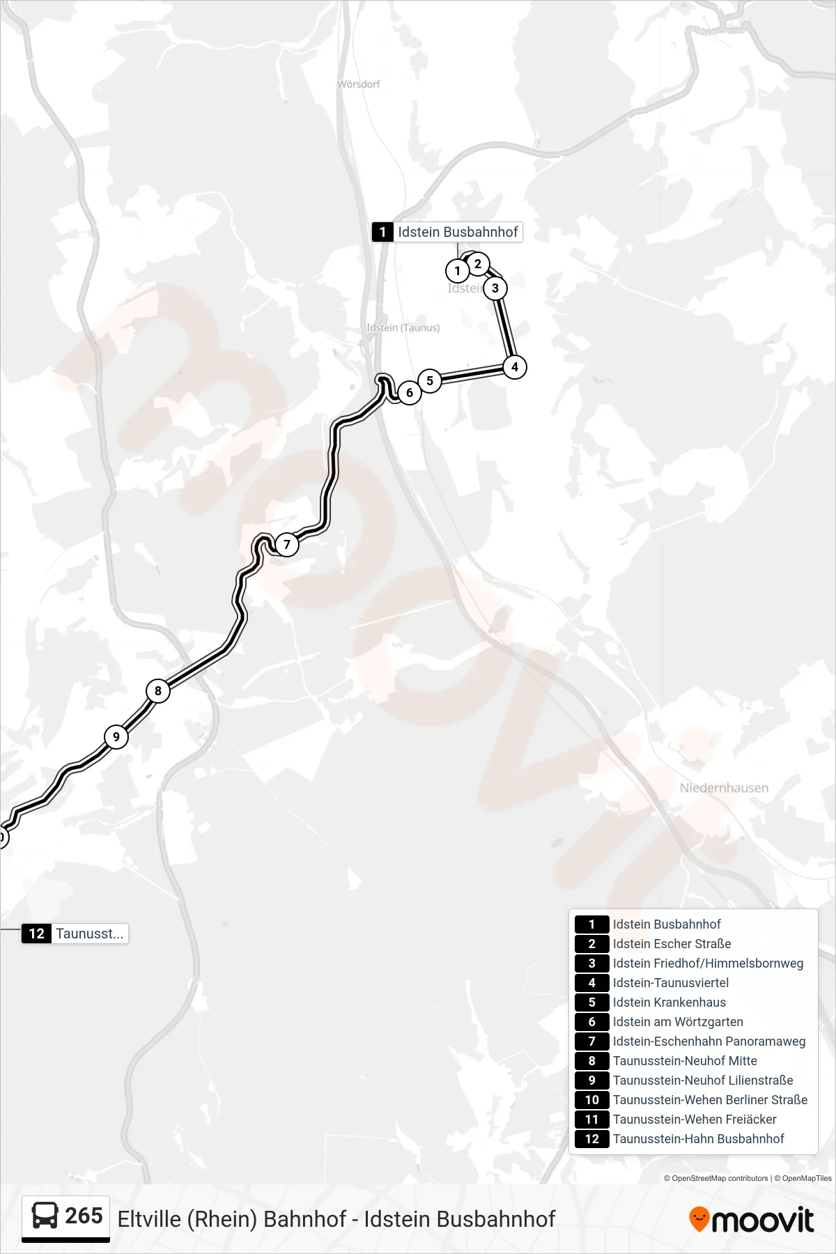 265 bus Line (Taunusstein-Hahn Busbahnhof) route and stops on a map