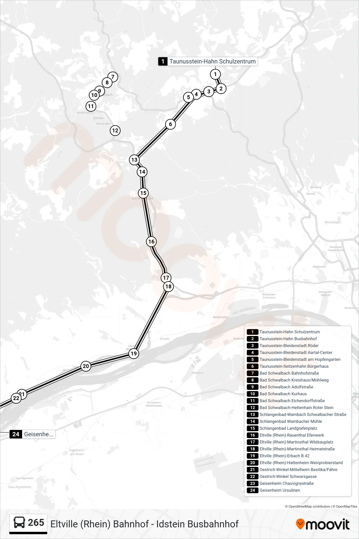 265 bus Line (Geisenheim Ursulinen) route and stops on a map