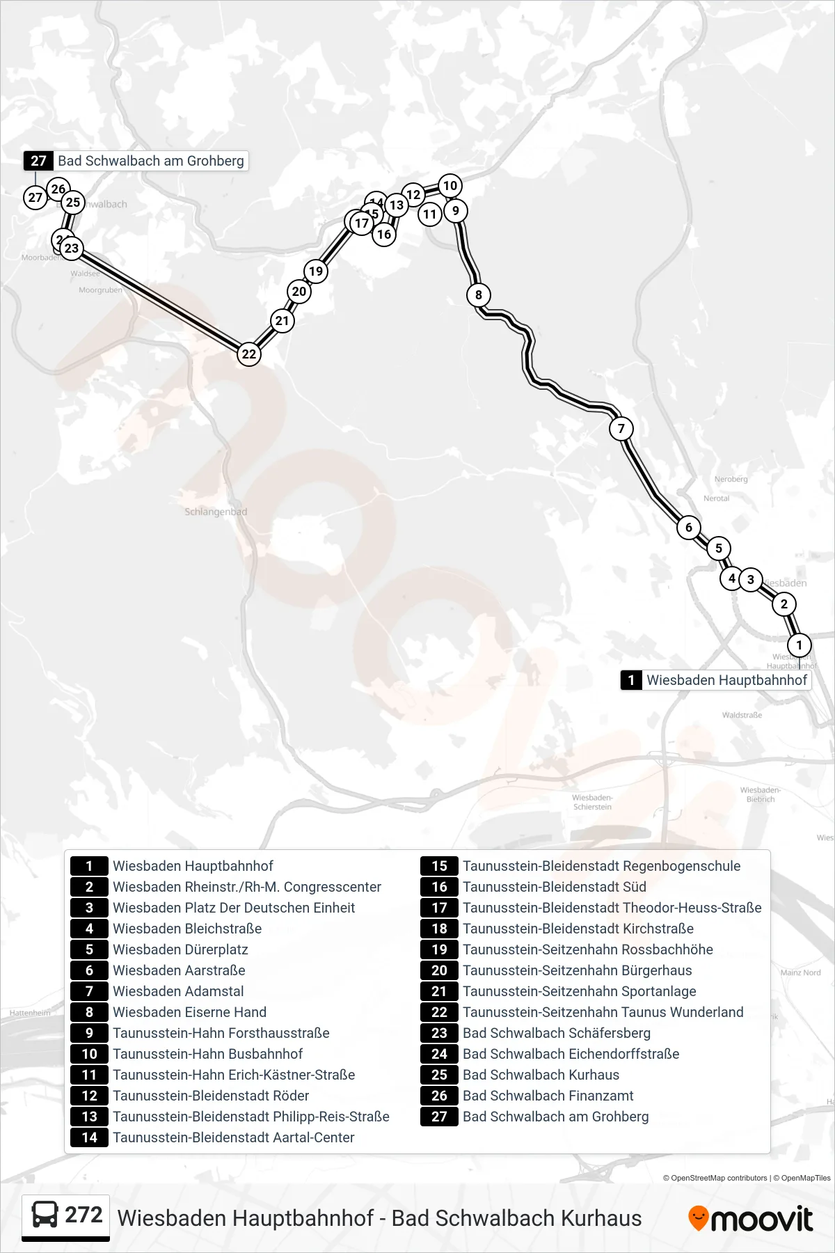 Linie 272 (Bus) Richtung Bad Schwalbach am Grohberg: Route und Haltestellen auf der Karte
