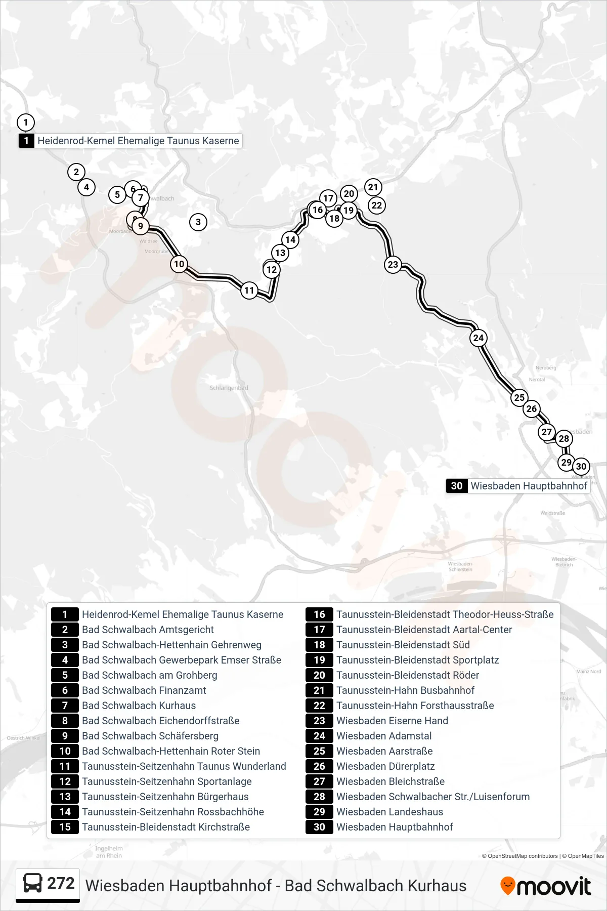 272 bus Line (Wiesbaden Hauptbahnhof) route and stops on a map