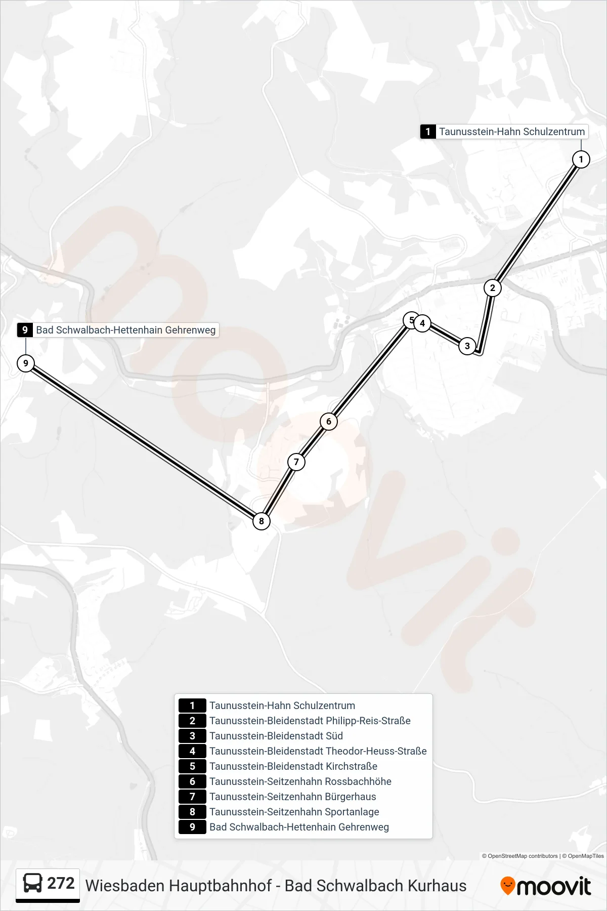 272 bus Line (Bad Schwalbach-Hettenhain Gehrenweg) route and stops on a map