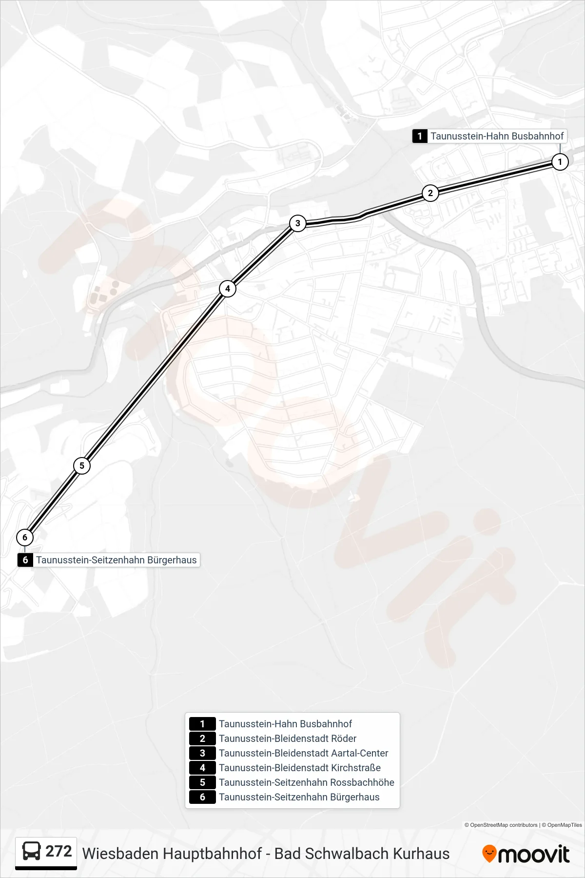 272 bus Line (Taunusstein-Seitzenhahn Bürgerhaus) route and stops on a map