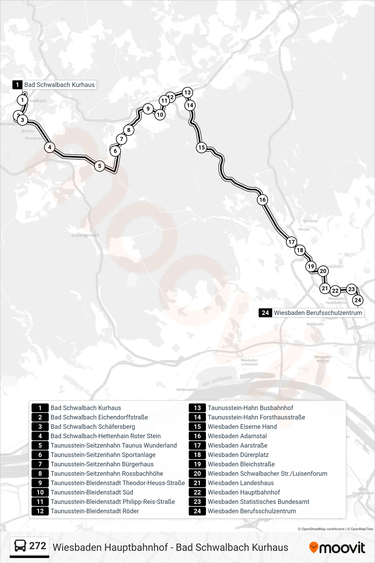 272 bus Line (Wiesbaden Berufsschulzentrum) route and stops on a map