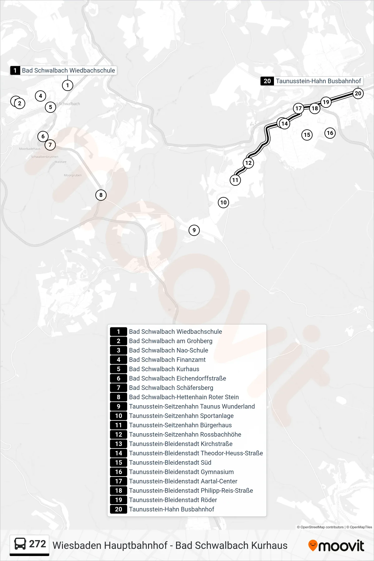 272 bus Line (Taunusstein-Hahn Busbahnhof) route and stops on a map