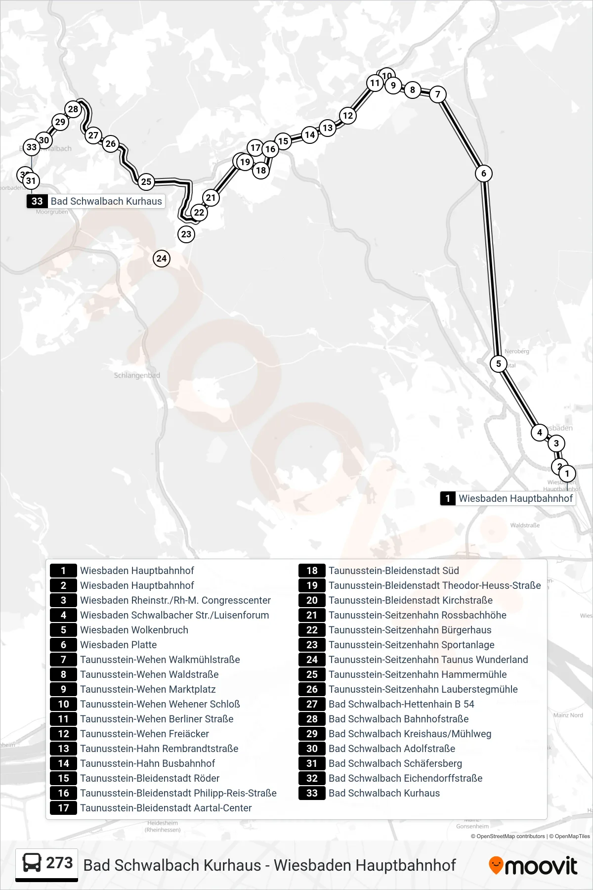 273 bus Line (Bad Schwalbach Kurhaus) route and stops on a map