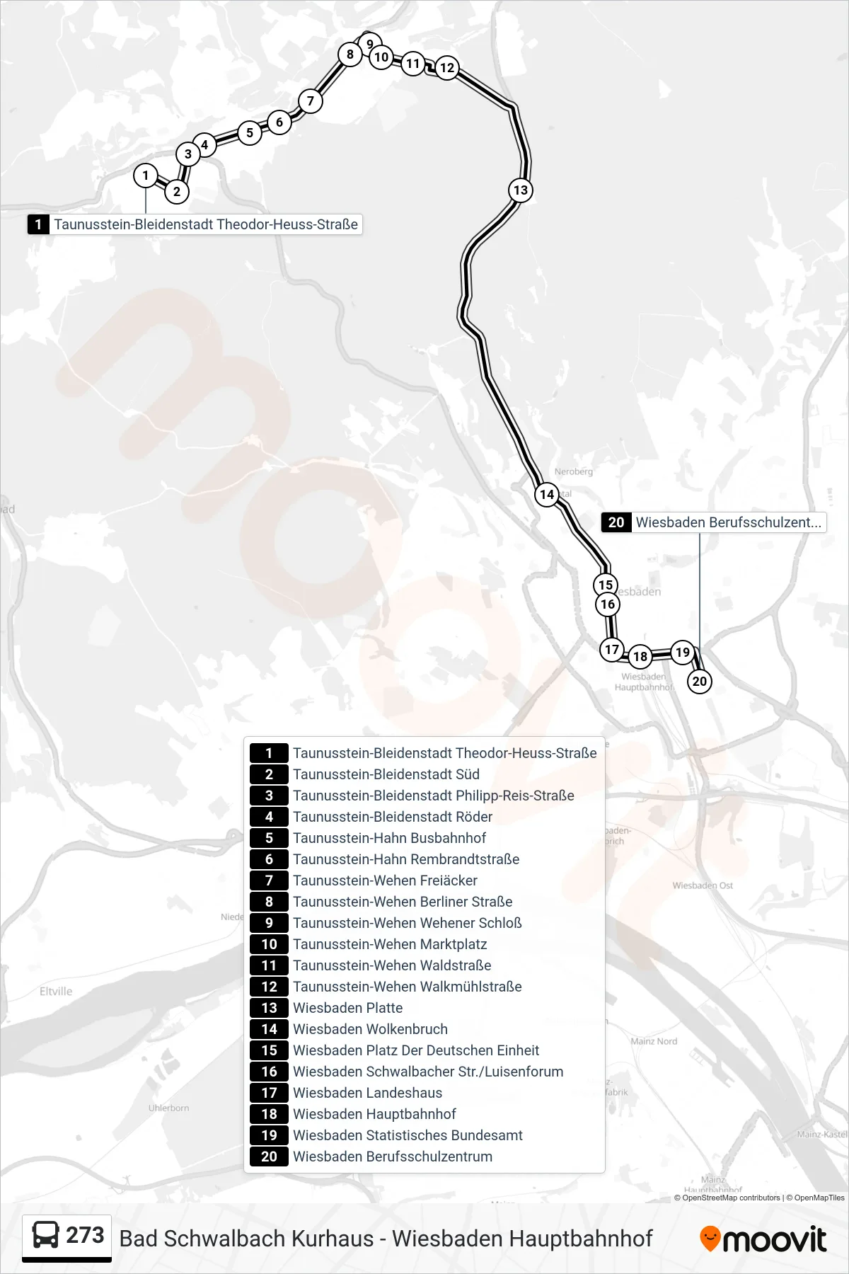 273 bus Line (Wiesbaden Berufsschulzentrum) route and stops on a map
