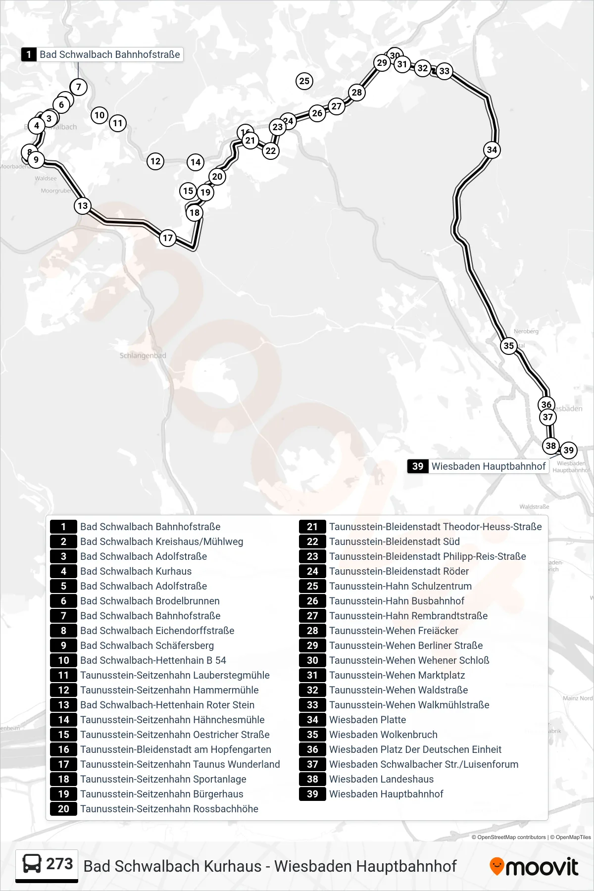 Linie 273 (Bus) Richtung Wiesbaden Hauptbahnhof: Route und Haltestellen auf der Karte