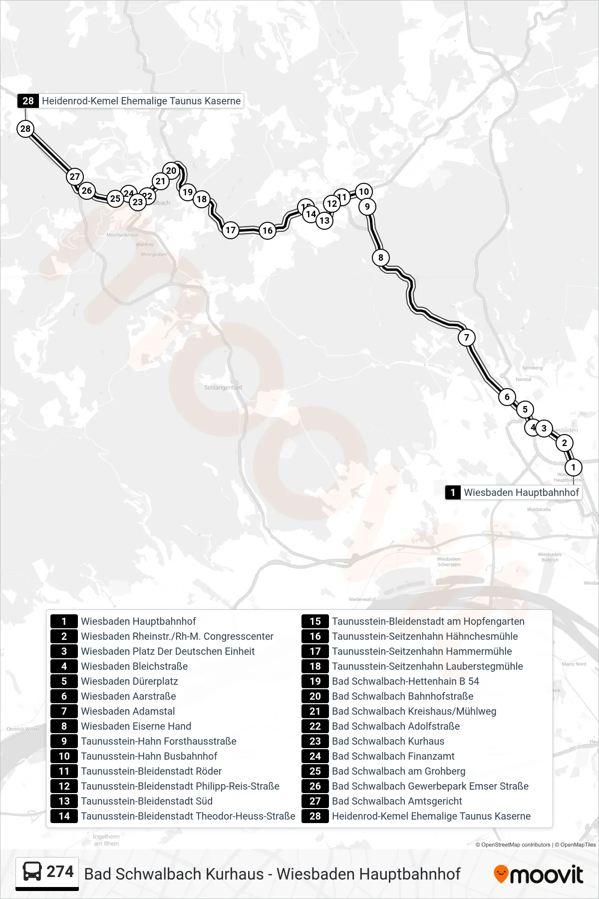 274 bus Line (Heidenrod-Kemel Ehemalige Taunus Kaserne) route and stops on a map