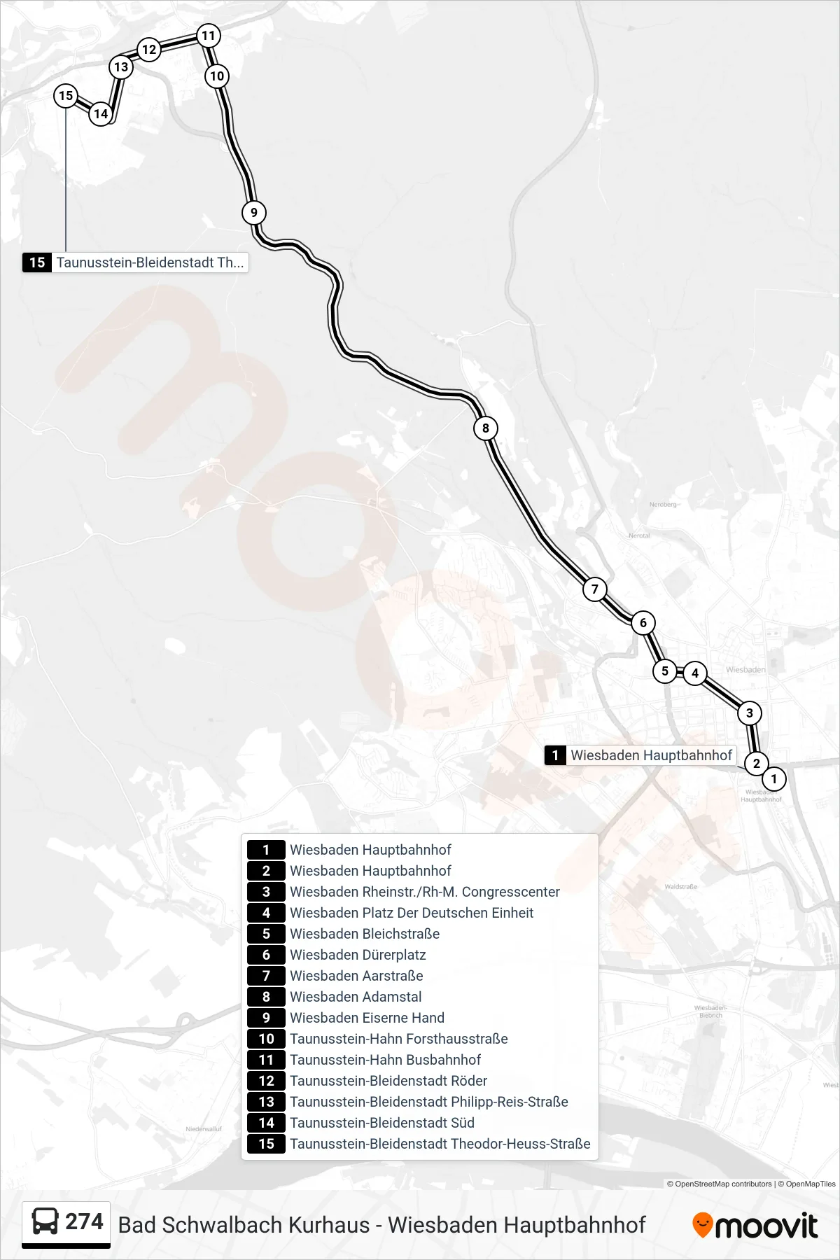 274 bus Line (Taunusstein-Bleidenstadt Theodor-Heuss-Straße) route and stops on a map