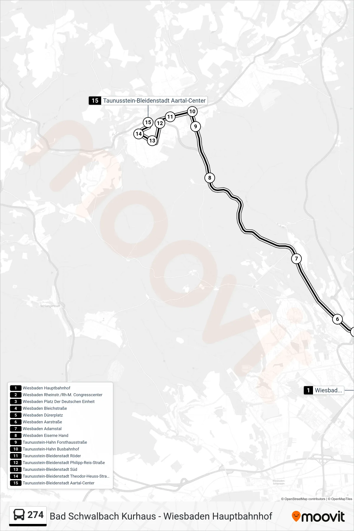 274 bus Line (Taunusstein-Bleidenstadt Aartal-Center) route and stops on a map