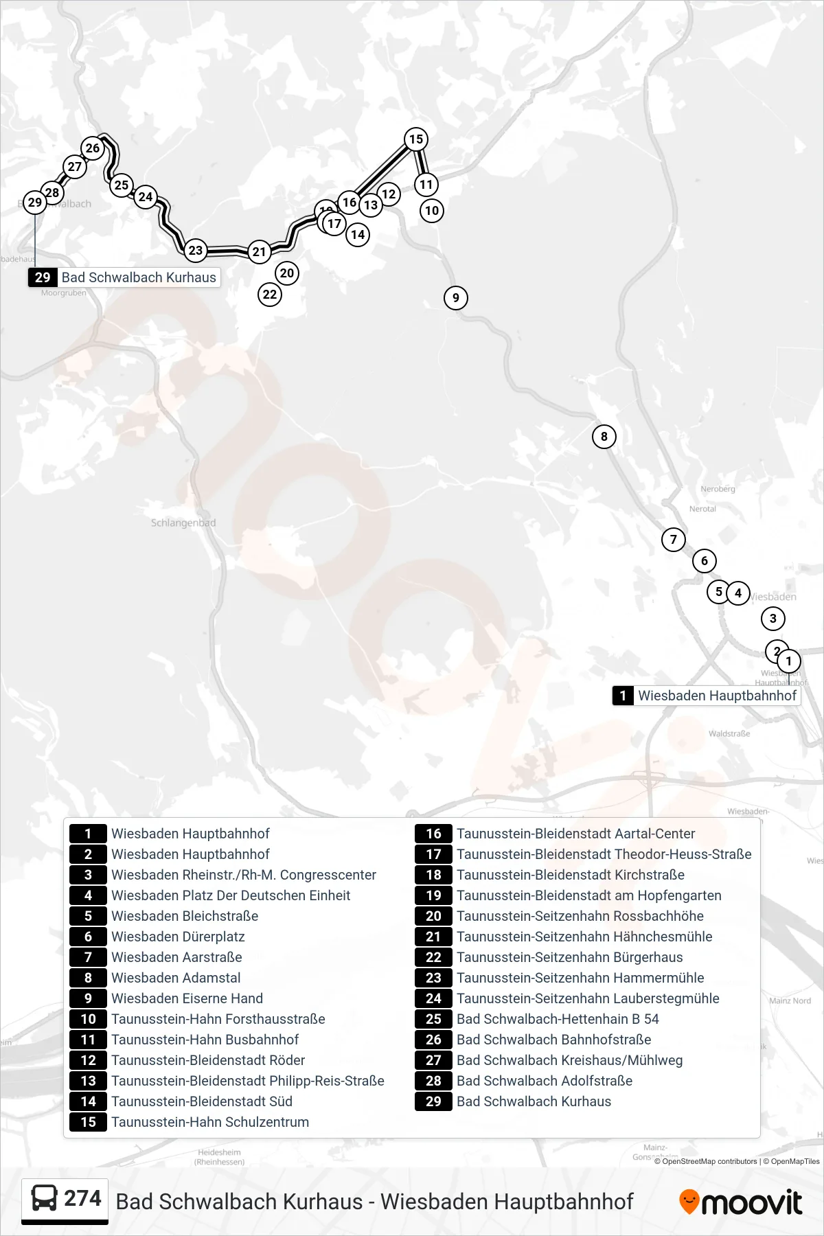 274 bus Line (Bad Schwalbach Kurhaus) route and stops on a map