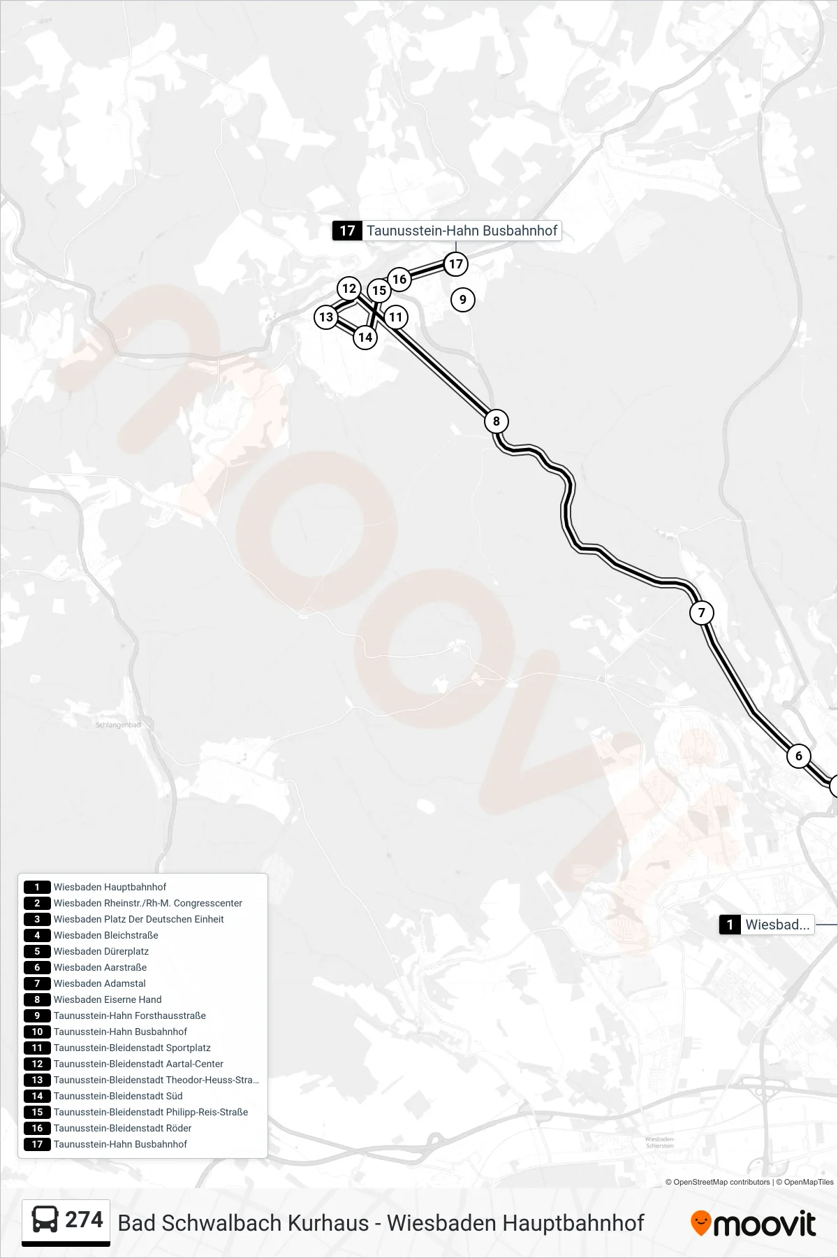 274 bus Line (Taunusstein-Hahn Busbahnhof) route and stops on a map